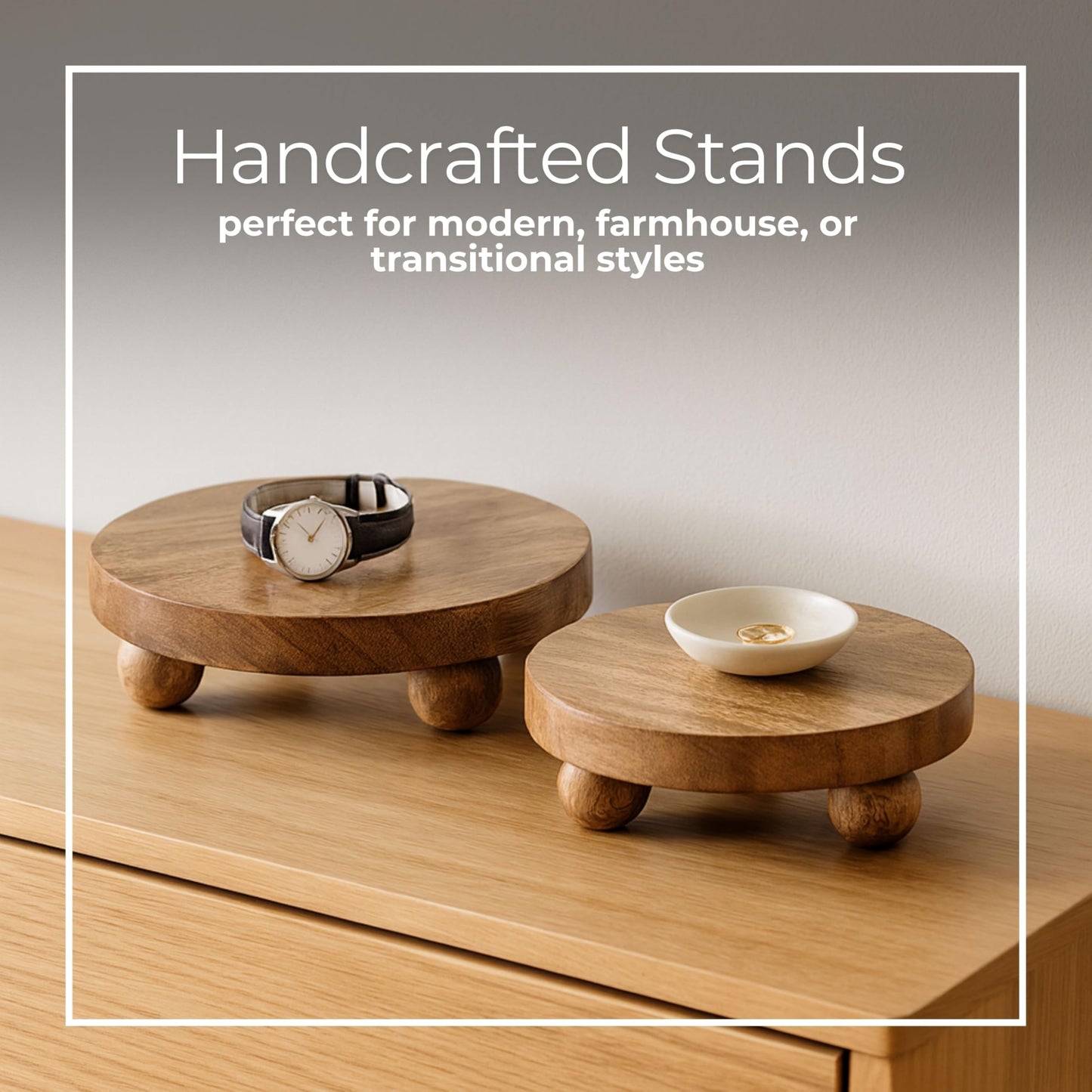Set of 2 Round Wooden Riser Trays – Handcrafted Mango Wood Pedestal Stands – Rustic Decorative Home Decor for Modern Coffee Table, Kitchen, or Office – 10", Brown