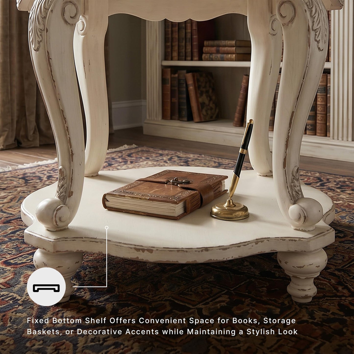 Signature Design by Ashley Realyn Round End Table, Cottage-Style Side Table with Antiqued Two-Tone Finish, Wood & Veneer Construction for Living Room or Bedroom, White/Brown