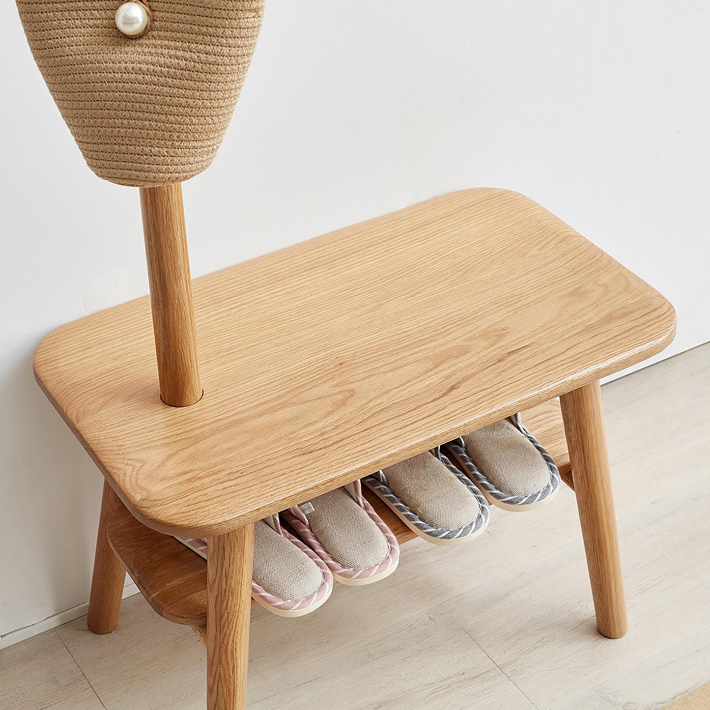 GDFStudio Solid Wood Entryway Shoe Bench with Coat Rack, Mid Century Modern Hall Tree with Cushion Seat, Shoe Storage Shelf and Cloth Hanger for Hallway, Natural