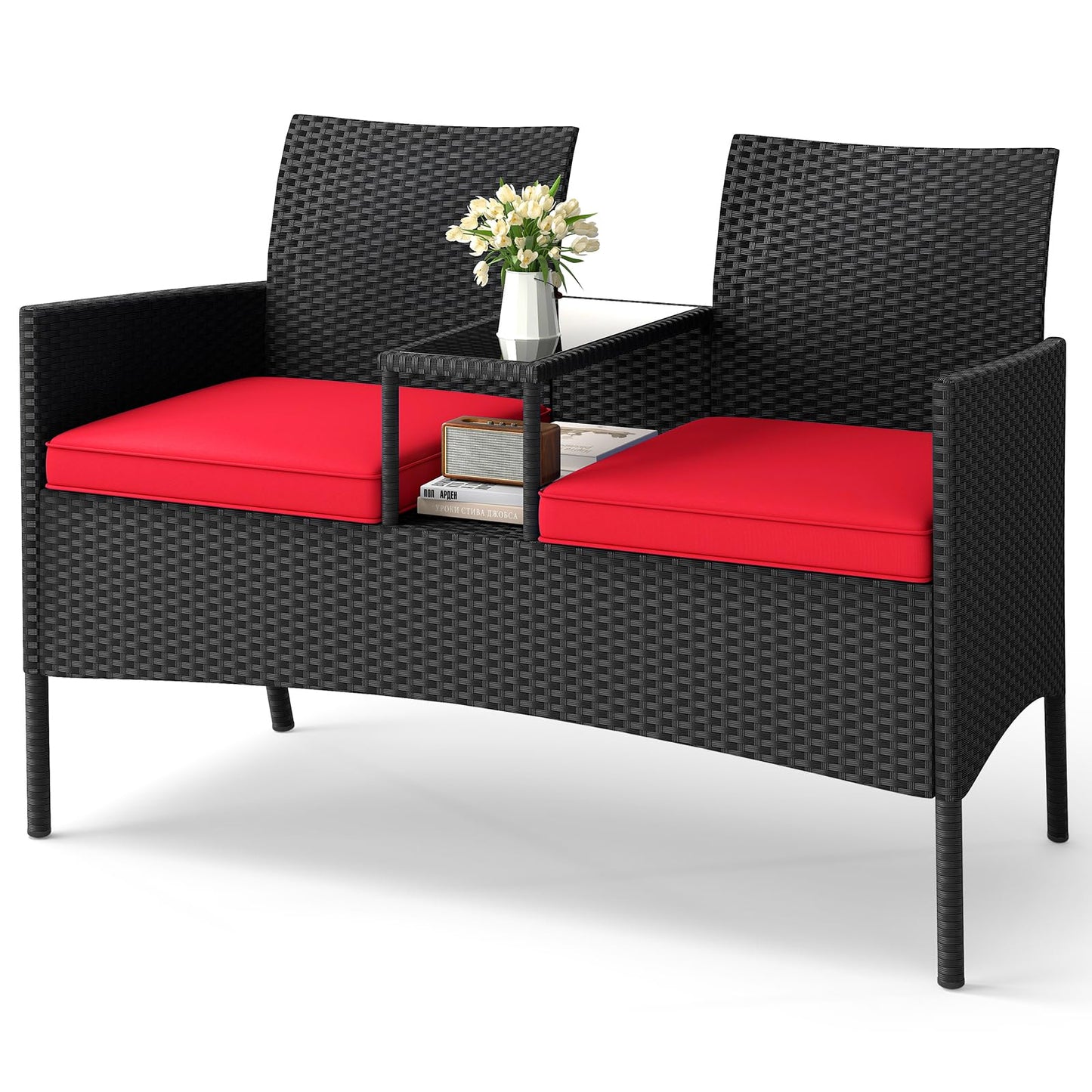 Tangkula Patio Loveseat with Built-in Table, Wicker 2-Seat Furniture with Soft Cushions & Tempered Glass Tabletop, Metal Frame Outdoor Conversation Seating Bench for Backyard, Porch
