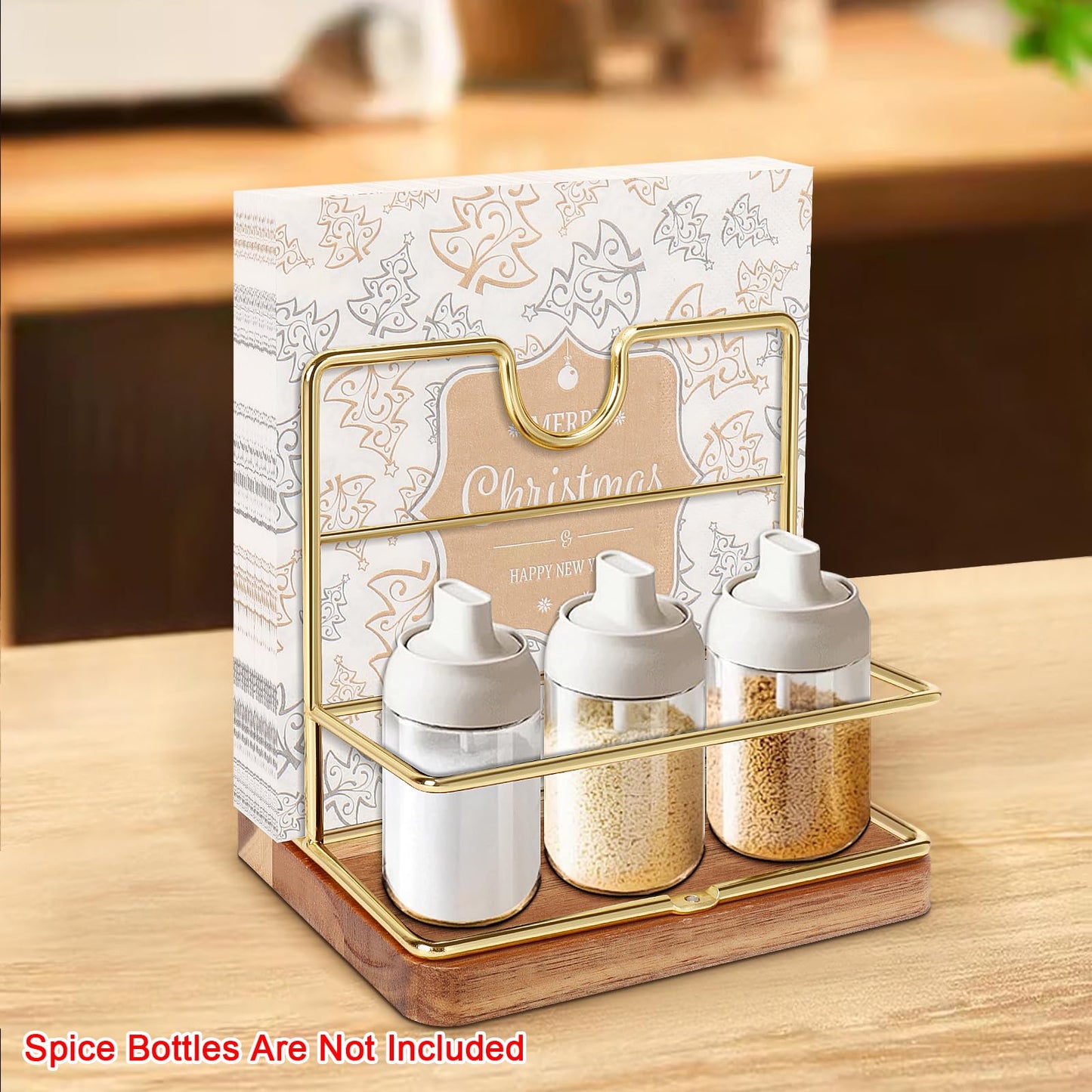 Livabber Napkin Holder, Metal Napkin Storage with Salt and Pepper Shakers Caddy Modern Napkin Dispenser for Table Kitchen Countertop, Not Including Salt and Pepper Shakers (Middle Wooden, Gold)