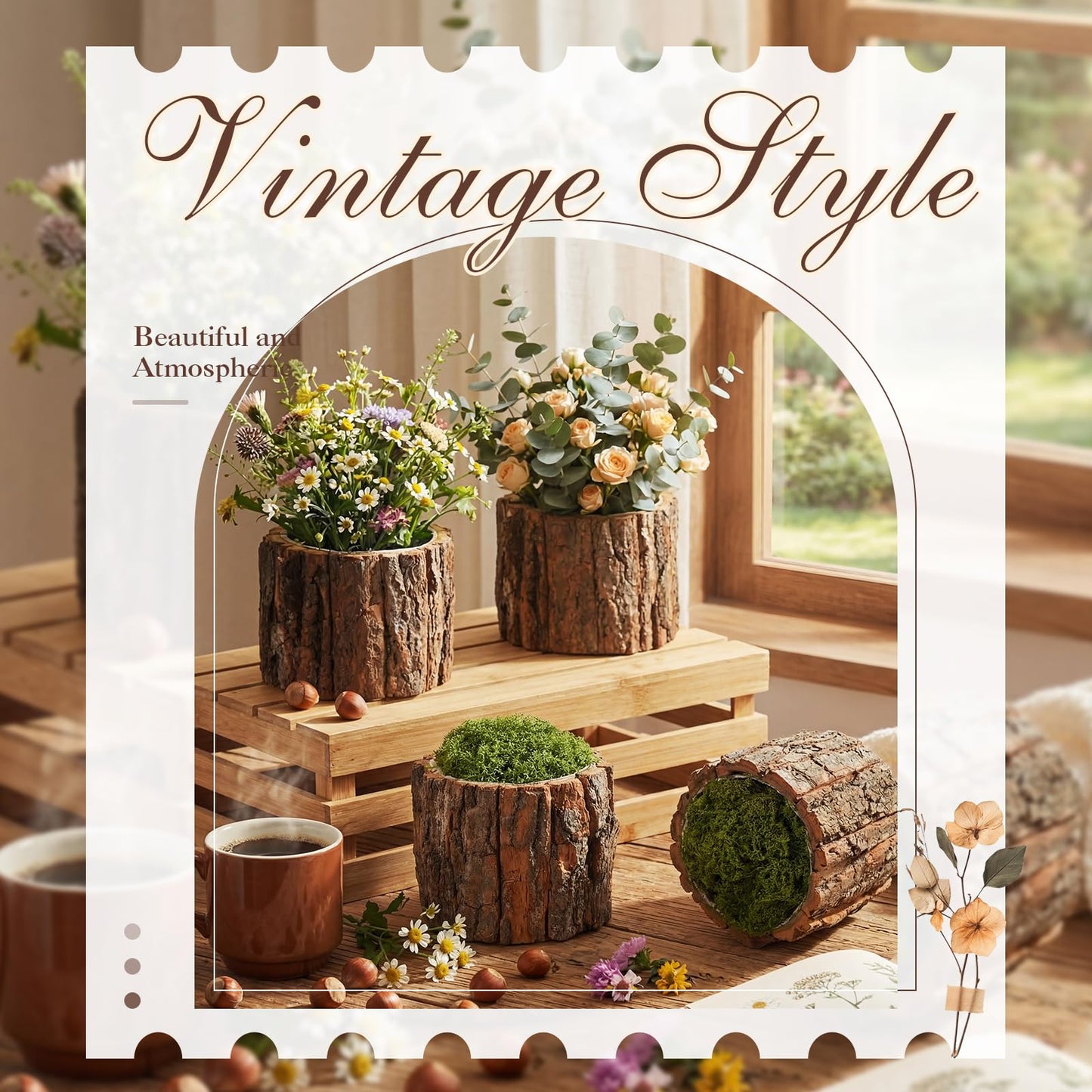 RimCereal 8 Set Wooden Vase for Centerpieces Wedding Flower Table Centerpieces Decor Rustic Bark Stump Bucket Farmhouse Wood Planter Pot for Woodland Party Window Home (Fake Green Moss,Large)