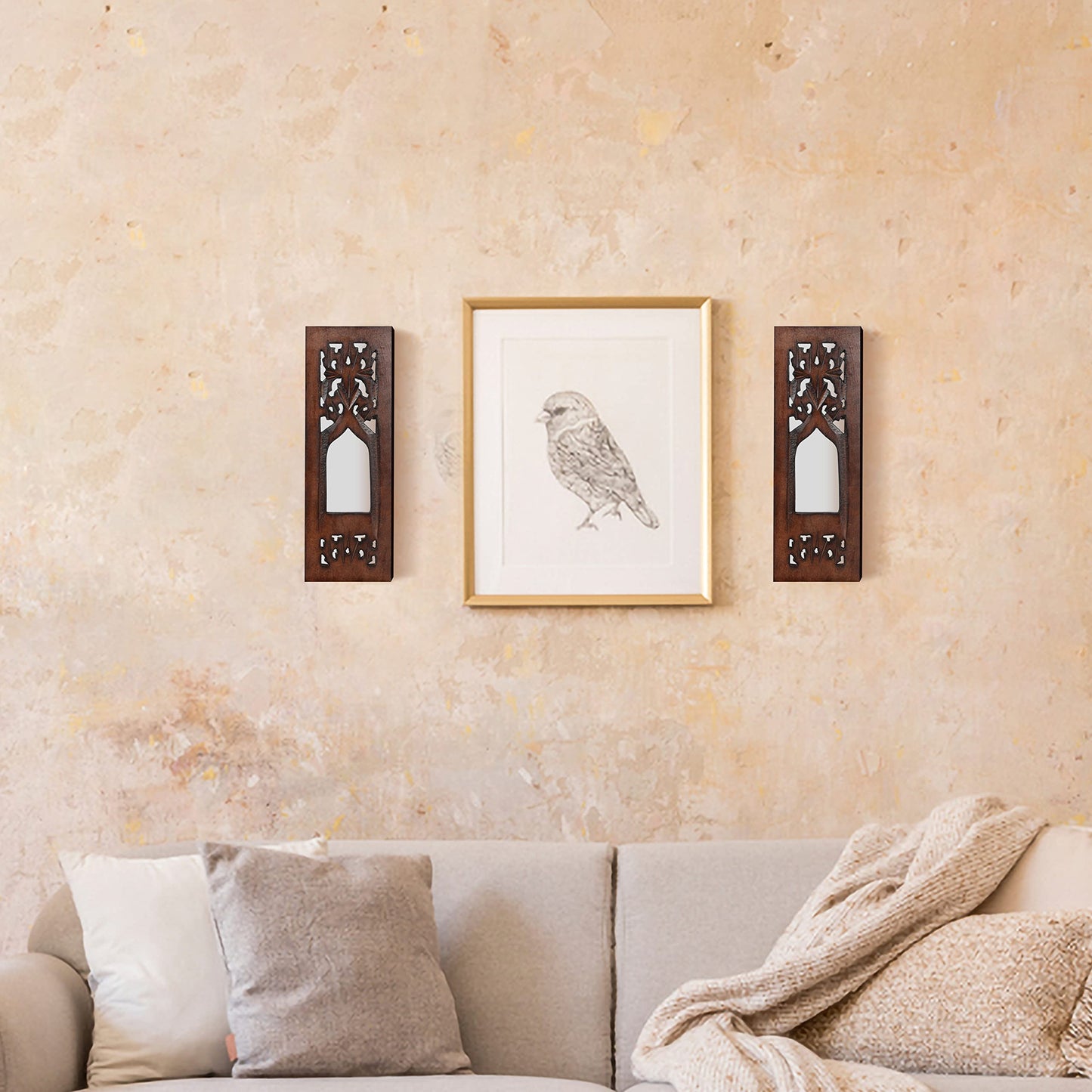 The Wooden Town Wall Hanging Plaques Wall Décor Jharokha With Mirror, Elegant Sculpture Wall Décor Panel to Enhance the Décor of Your Room or Office - 12x4 Inch - Burnt Set of 2