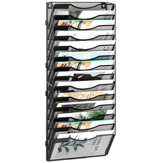 EasyPAG Wall File Organizer for Office 14 Pocket Mesh Wall Mounted Paper Organizer Hanging Folder Holder with Nametag Label for Home School, Black