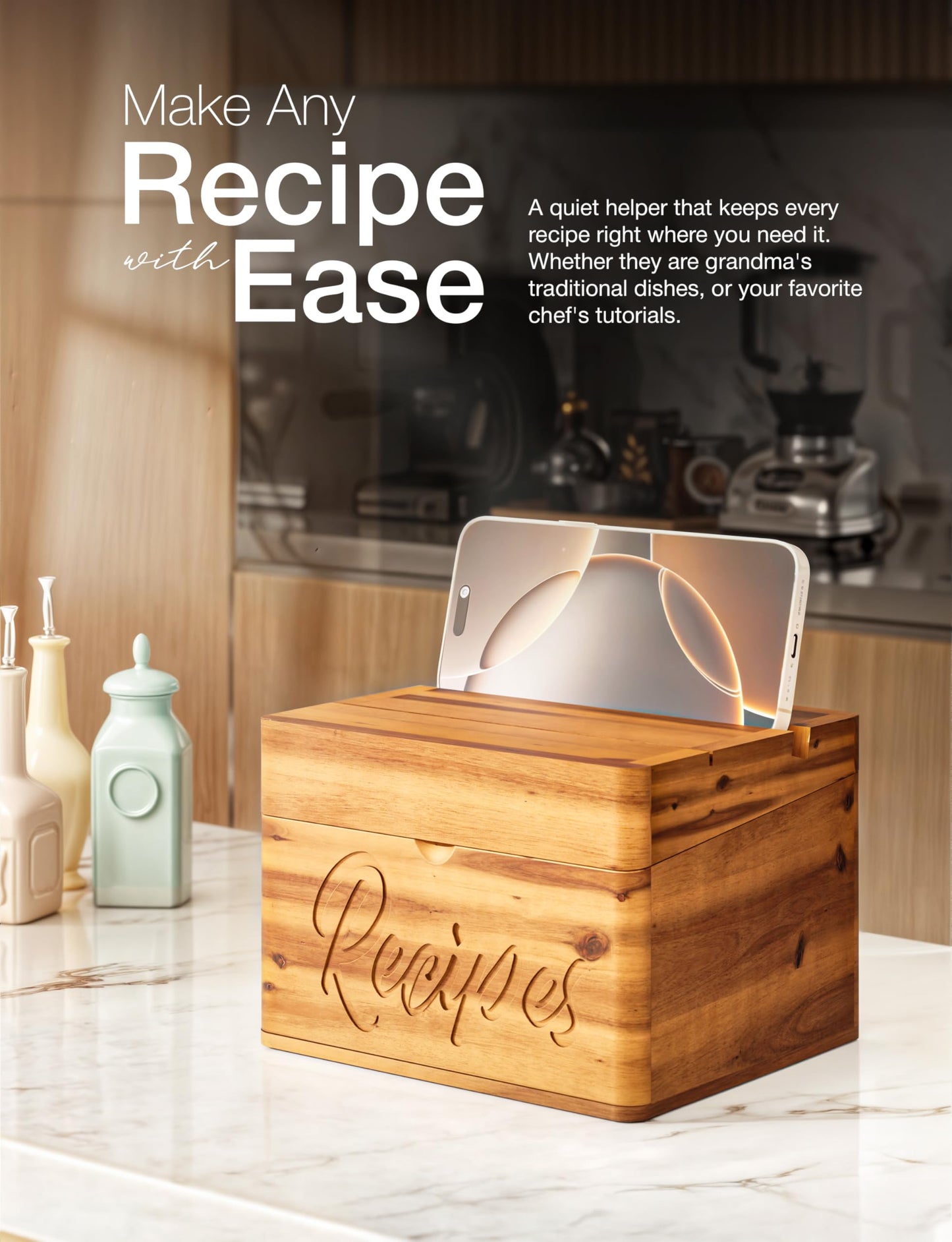 Tidita Acacia Recipe Box with Recipe Cards 4x6 - Wooden Box with Dual Slot, 2 Compartment - Comes with 100 Index Card 4x6, 8 Dividers - 2in1 Recipe Slot and Smartphone Holder - No Assembly Required