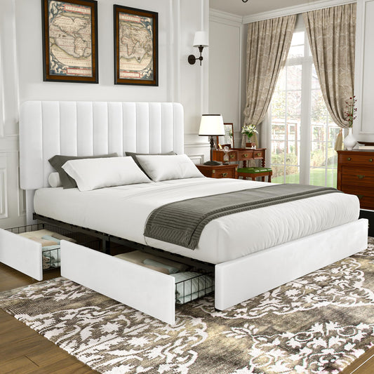 VECELO Queen Size Upholstered Bed Frame with 4 Drawers and Headboard, Velvet Platform Storage Bedframe, Wooden Slats Support, No Box Spring Needed,Snow-White