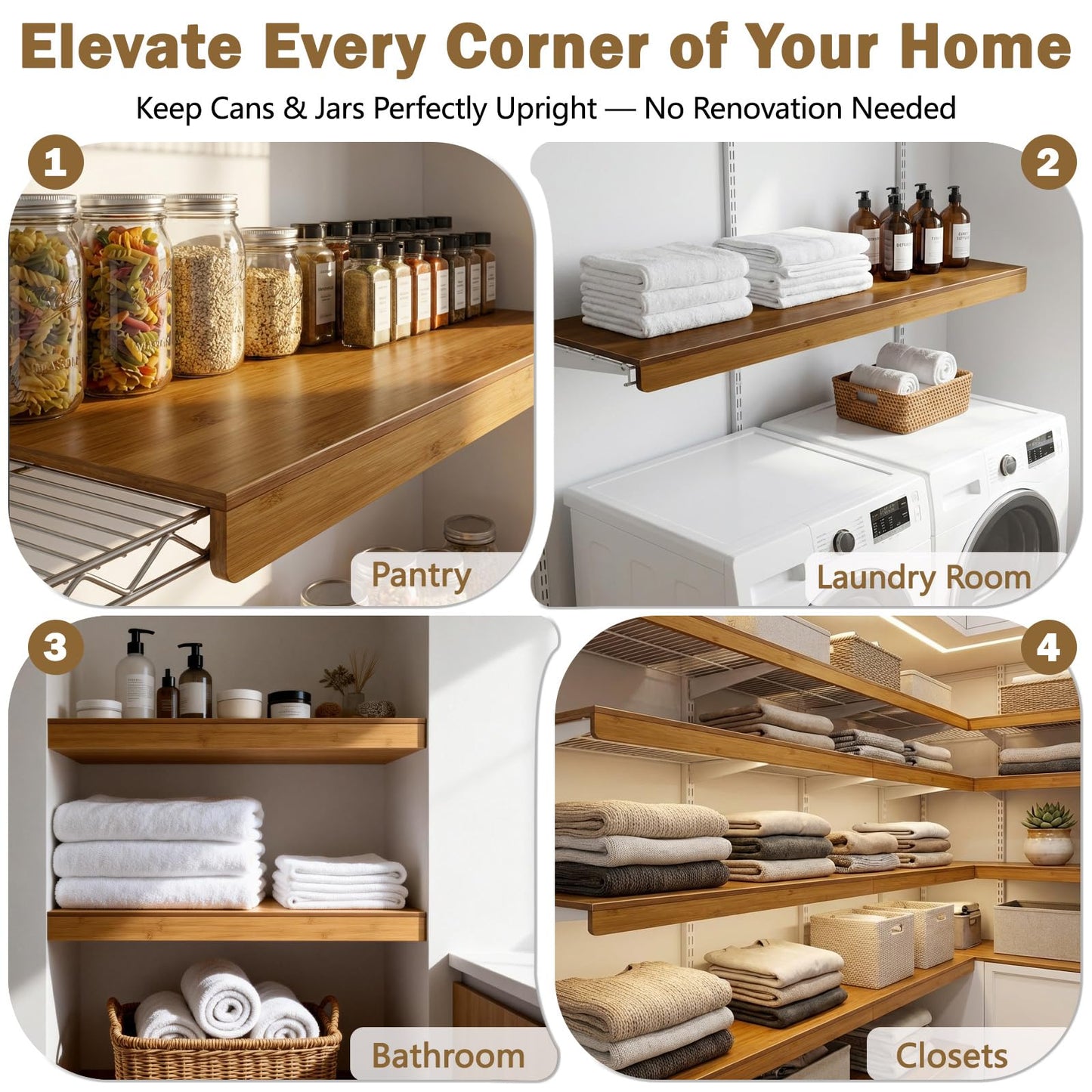 Fobyni Solid Carbonized Bamboo Wire Shelf Covers for Wire Shelving, Wire Rack Covers for Pantry Shelves, Tool-Free & Snap-On (5pcs, 32" W x 12" D)