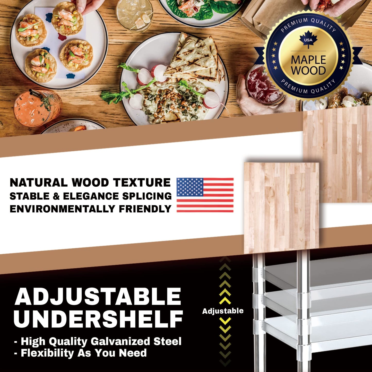 DuraSteel US Maple Top Work Table - 24 x 48 x 35 Inch Commercial Butcher Block Wooden Workbench with Adjustable Lower Shelf - Fits Restaurant, Warehouse, Home, Kitchen, Garage