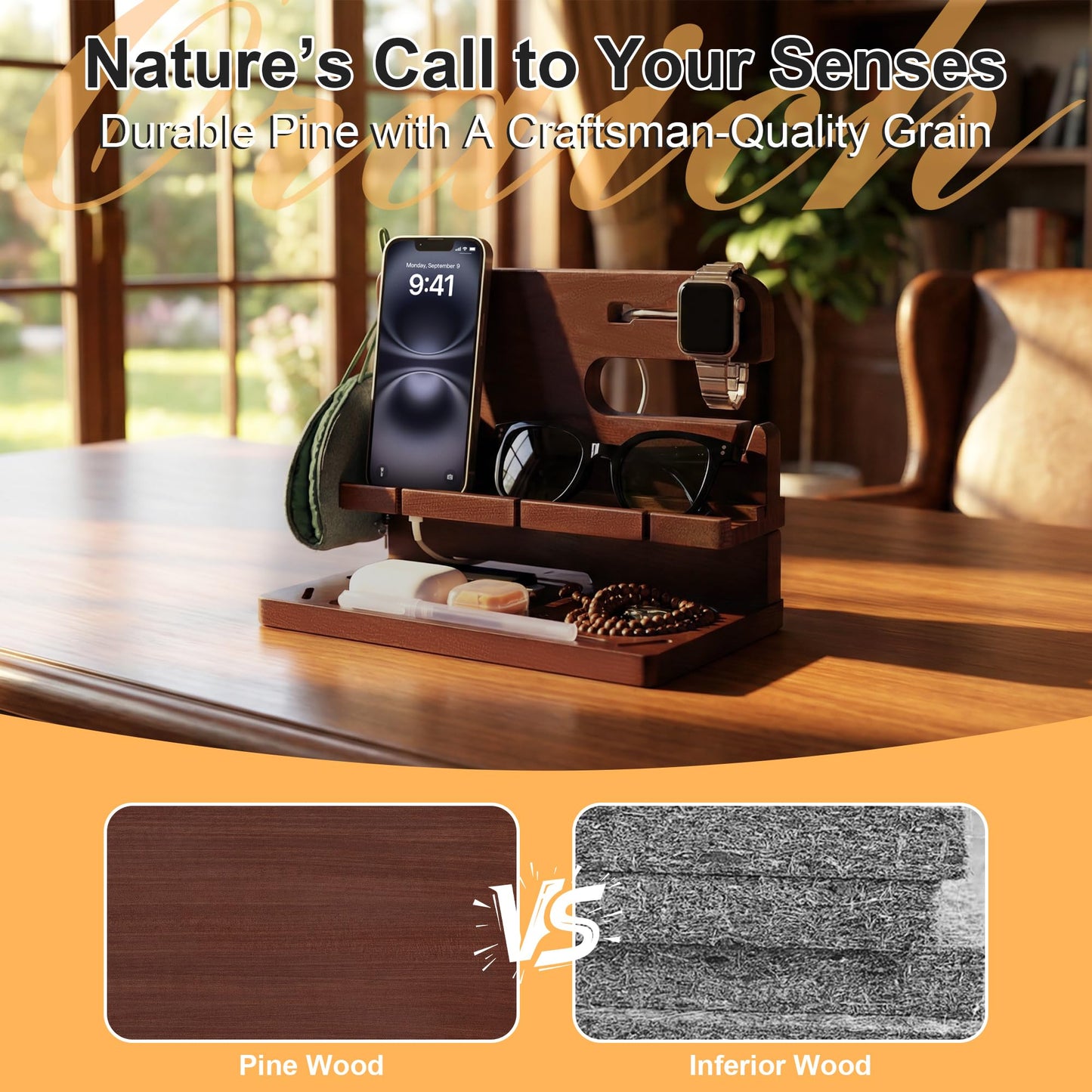 Oraich Wooden Phone Docking Station for Men, Nightstand & Desktop Organizer, Charging Stand for Phone, Watch, Wallet, ipad, Keys & Essentials
