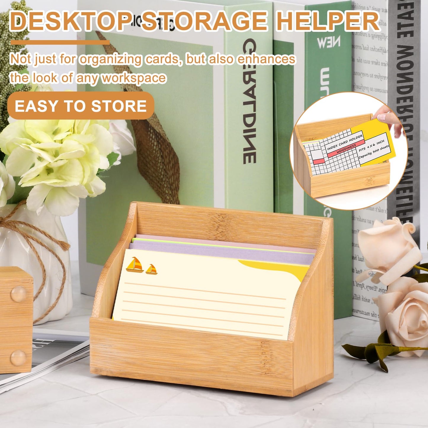 SHIQIKEJIPTY 2 Pack Wood Index Card Holder 4x6 Inch Index Card Box Notecard Box Business Cards Organizer Post Cards Case Display Stand for Business Desk Office Home School Holds 300 Sheets