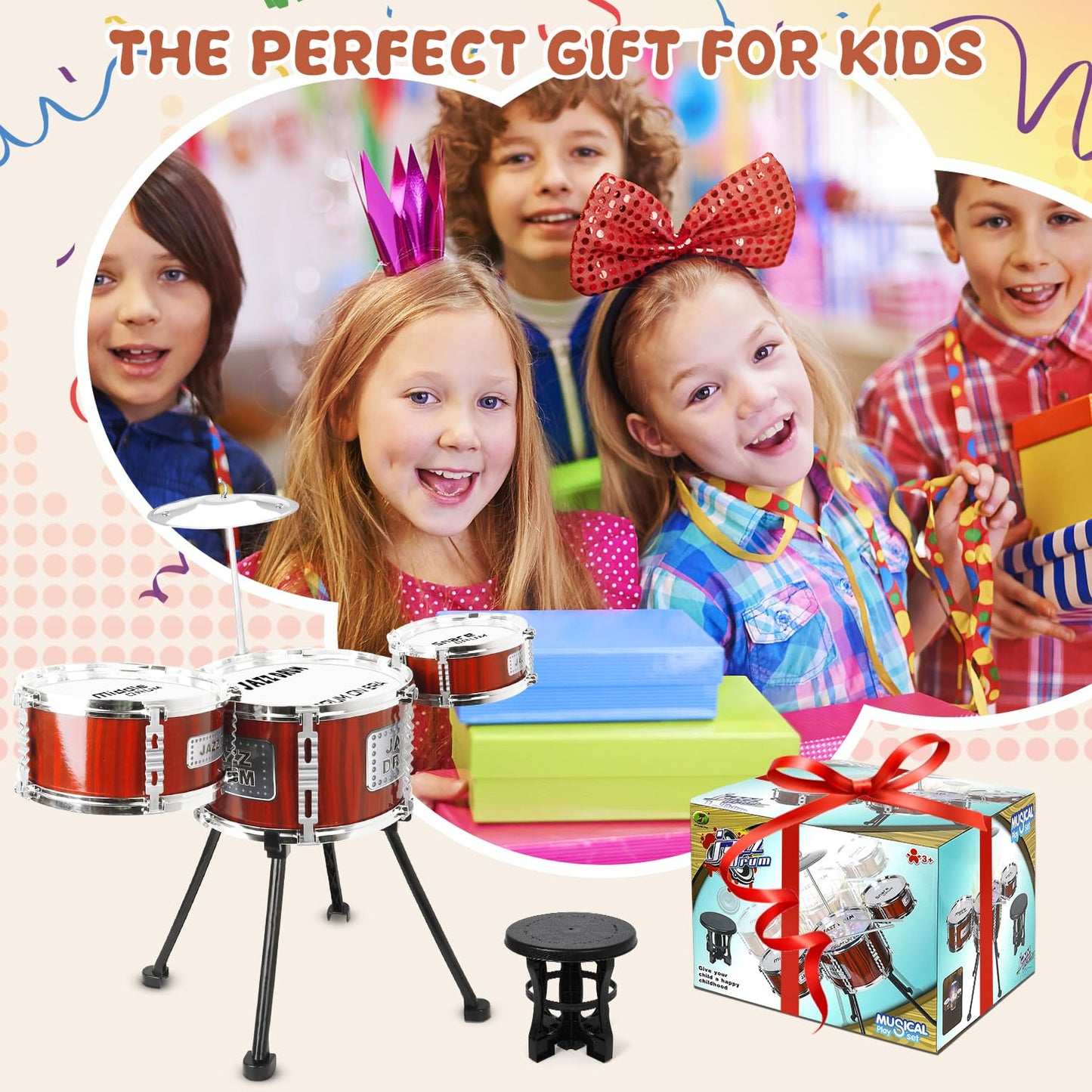 Kids Drum Set Music Toy Drum Set for Toddlers Ages 3-5 Jazz Drums Kit with Stool, 3 Drums Percussion Musical Instruments Toys for 3 4 5 Year Old Boys Girls Gifts