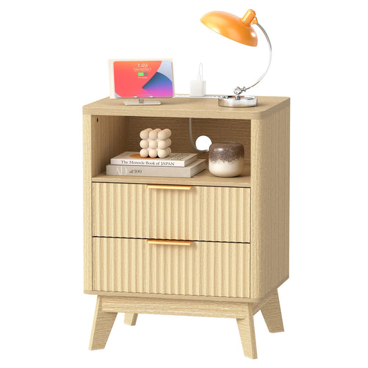 Turosur Night Stand with Charging Station, Fluted Nightstand with 2 Drawers, Wood Bedside Table with Open Storage, Modern Nightstands for Bedroom, Natural