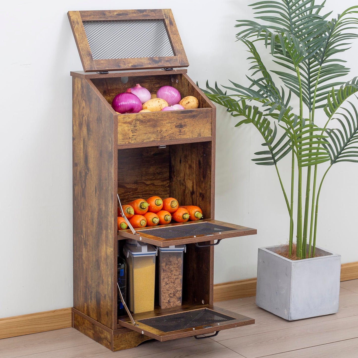 TDLEAYYD Potato Storage Bin Wooden Bread Box, Mid Century Modern Vegetable Storage Box with Lid, Farmhouse Potato and Onion Storage Cabinet for Kitchen,Brown