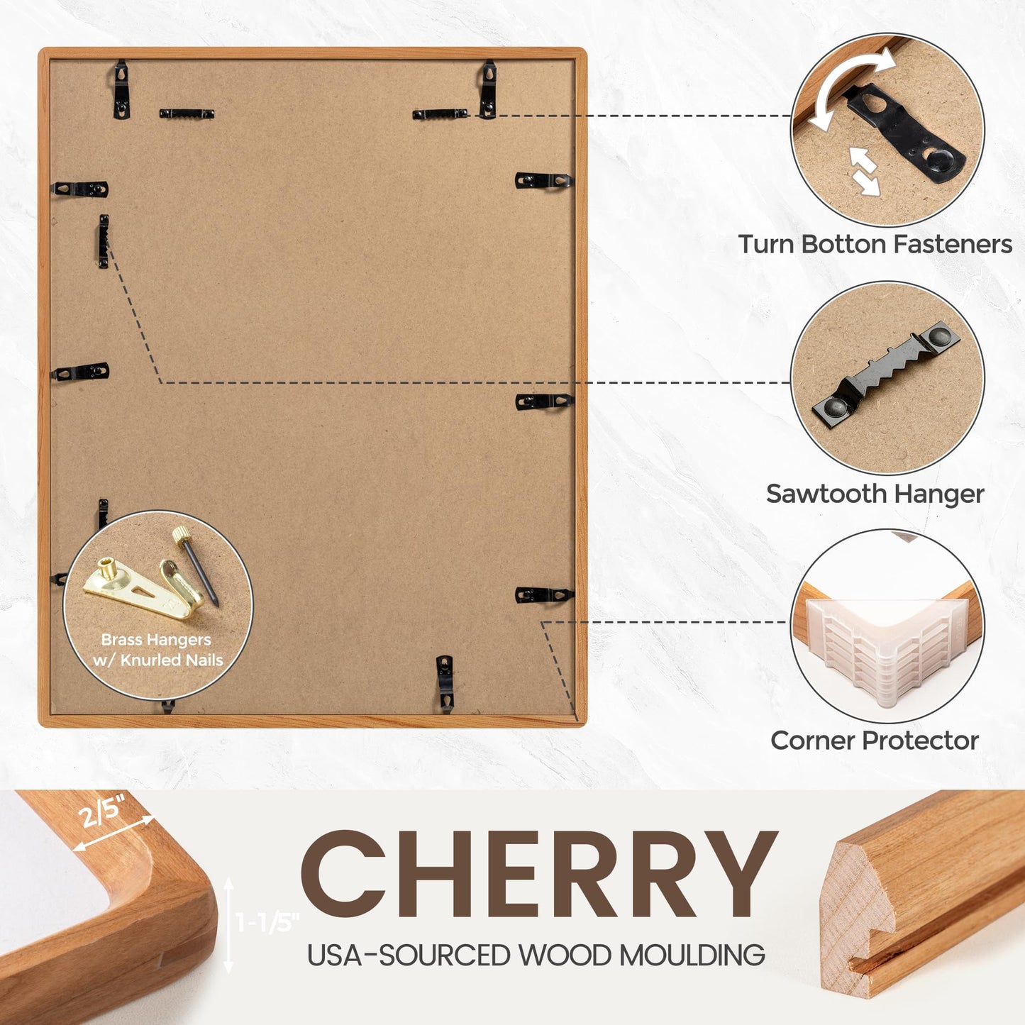 11x14 Picture Frame, USA-Sourced Natural Cherry Wood Photo Frame with Tempered Glass, Handcrafted Rounded Corner 11 x 14 Wooden Frame Matted to 8x10 Photos, Hanging Hooks Included