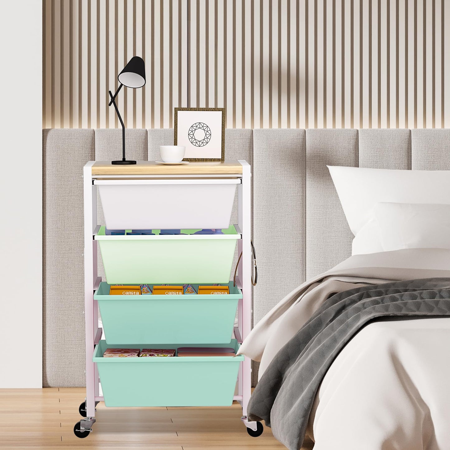 Rolling Cart with Drawers, Rolling Storage Cart with Large Plastic Drawers & Wooden Tabletop, Utility Cart with Pegboards & Basket, Storage Drawers Cart for Living Room, Classroom, Bedroom, Office