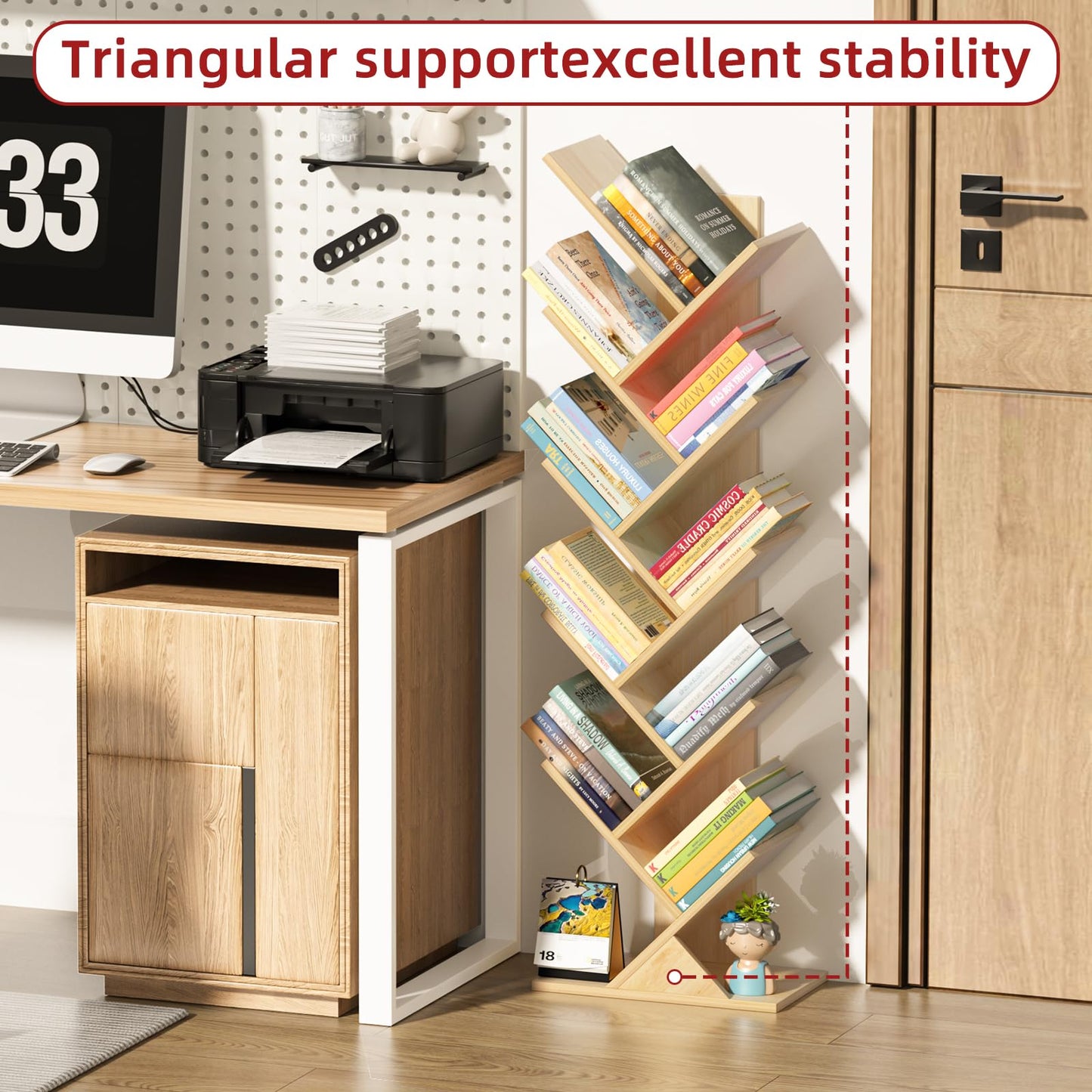 SHEEPAM 10 Tier Tree Book Shelf, Floor Standing Wood Bookshelf for Narrow Space, Storage Organizer Bookshelves for Books/CDs/Magazine, Bookcase with Shelves for Home Office, Living Room - Natural