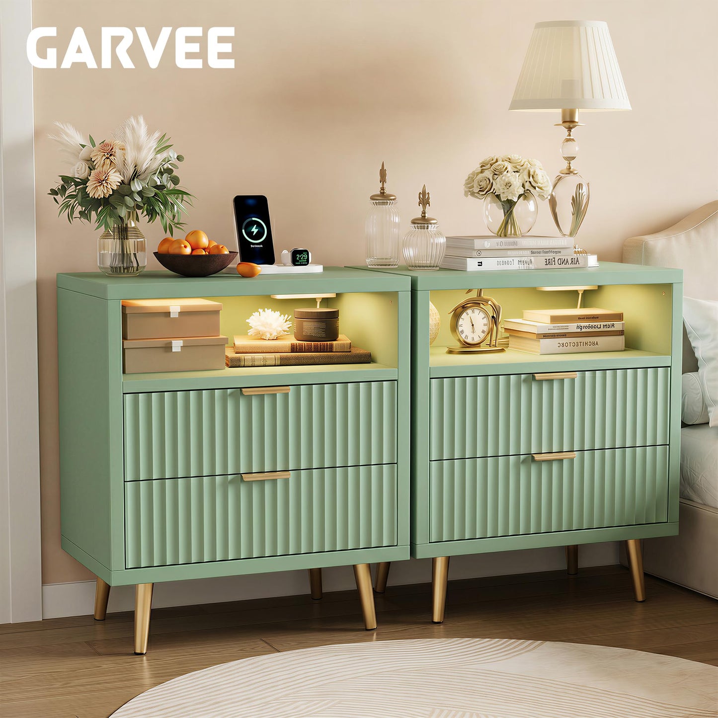 2 Drawers Dresser for Bedroom, 23.6" w Wooden Dresser with LED Lights and Charging Station, Fluted Wood TV Stand with Gold Handle, Modern Chest of Dressers for Closet, Living Room, Hallway, Green
