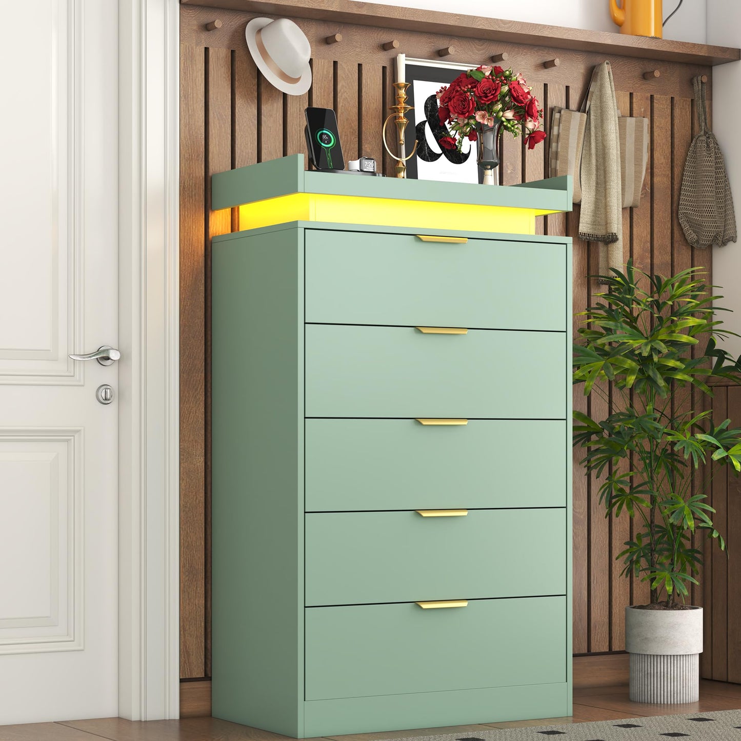 knoworld Tall Dresser for Bedroom, Dresser with LED Lights, Wood 5 Drawer Chest with Power Outlet, Modern Chest of Drawers for Bedroom, Living Room, Entryway, Hallway, Green