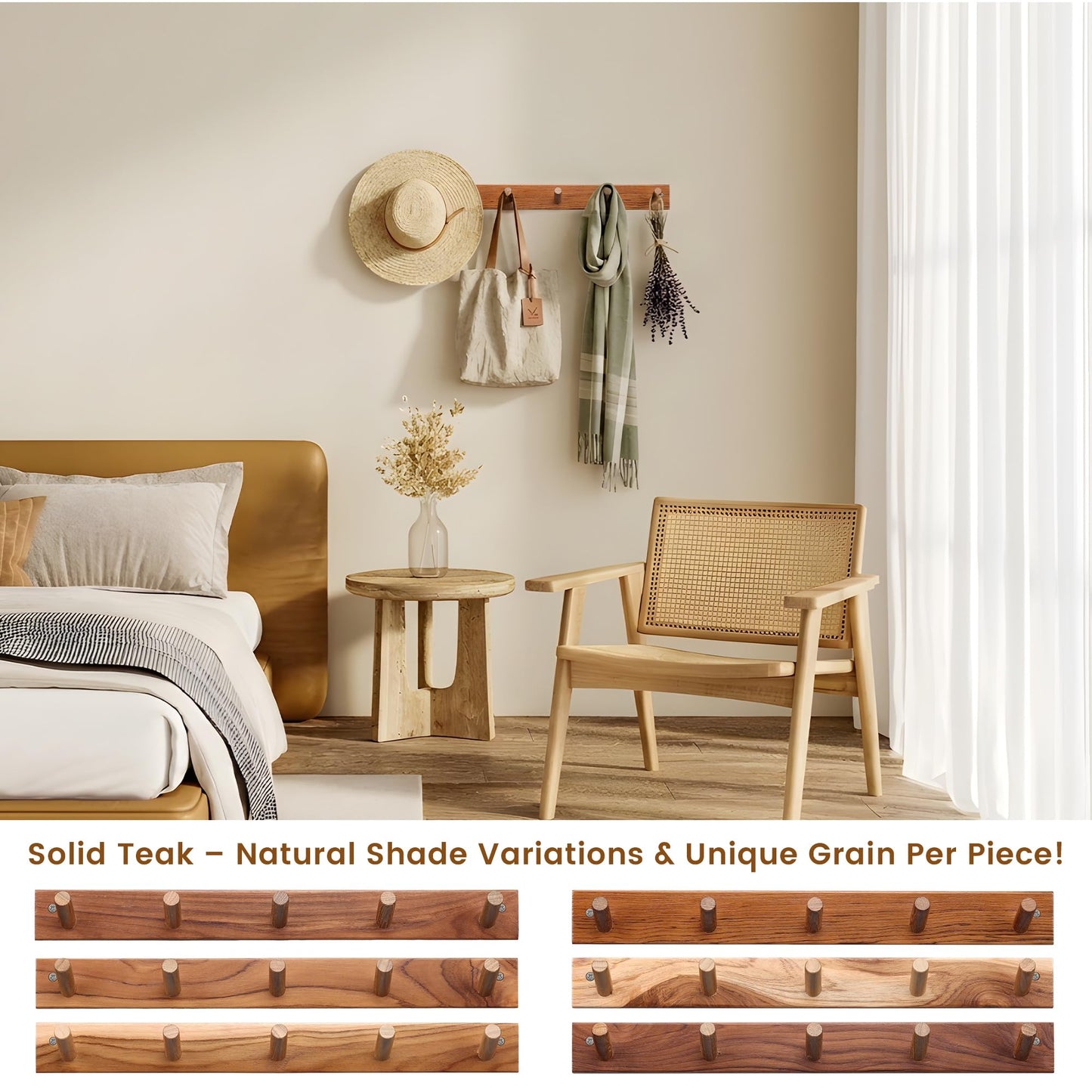 Cobnap Natural Teak Wall-Mounted Coat Rack (Set of 2, 16'' Hole to Hole) - Farmhouse Entryway Hooks with 5 Wooden Hooks Each, Rustic for Bathroom, Mudroom 2P
