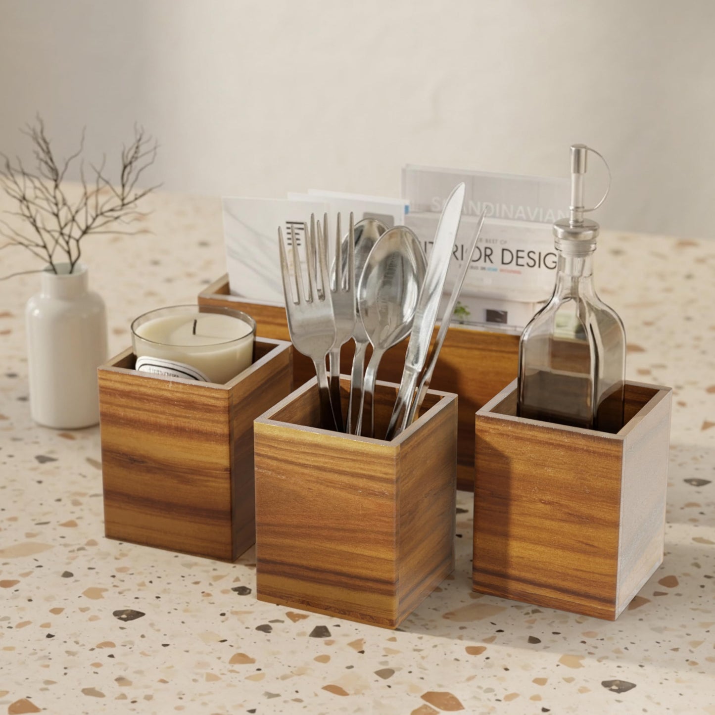 LotusSway Acacia Silverware Caddy for Parties, Utensil Caddy with Paper Plate Dispenser, 4-Compartment Cutlery Flatware Organizer for Spoons, Forks, Napkins - Natural Wood Finish