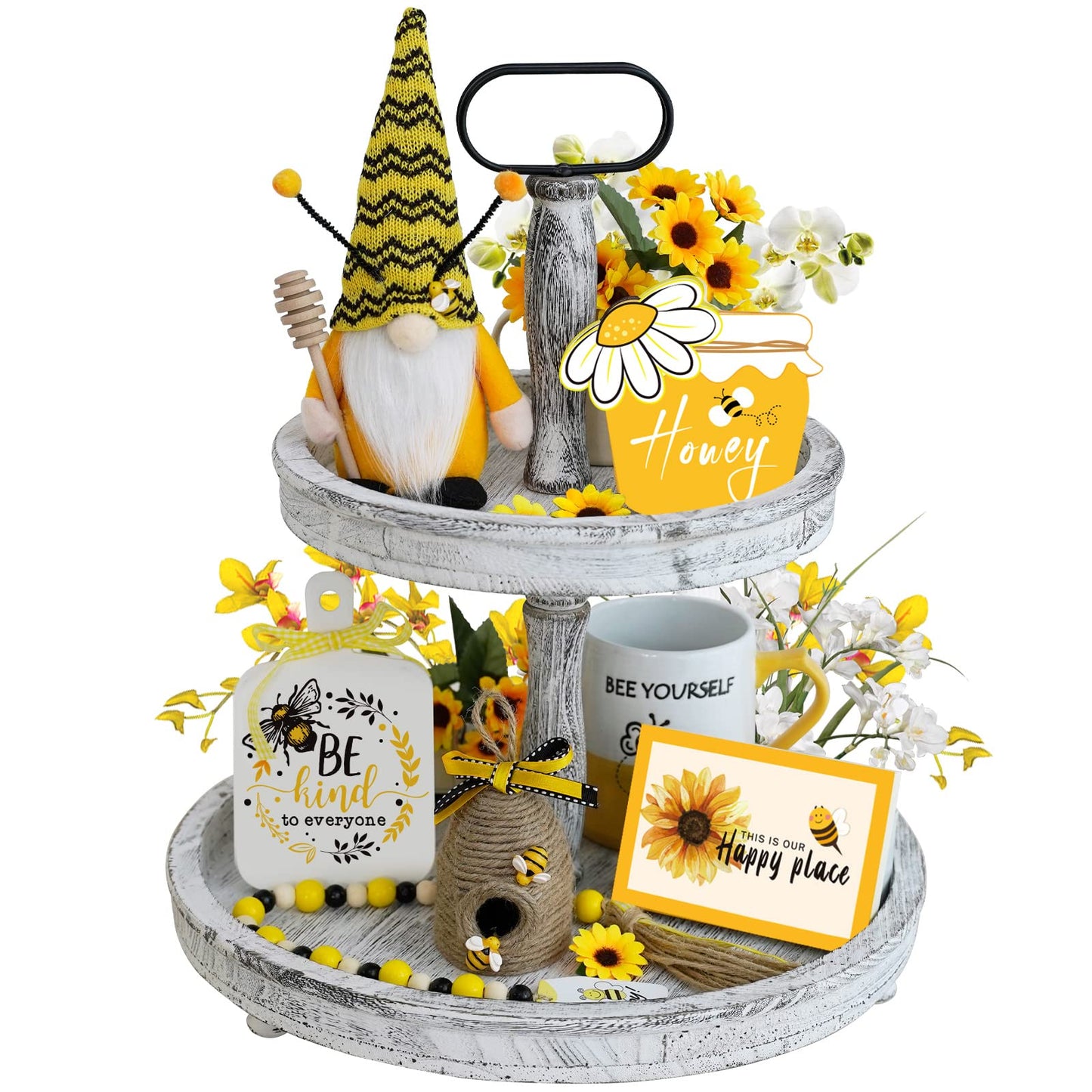 KnomeKo Bee Tiered Tray Decor Set, 6 Pcs Summer Farmhouse Decor with Gnome, Bee Hive, Sunflower Wood Signs & Garland, Rustic Countertop Kitchen Coffee Bar Decorations