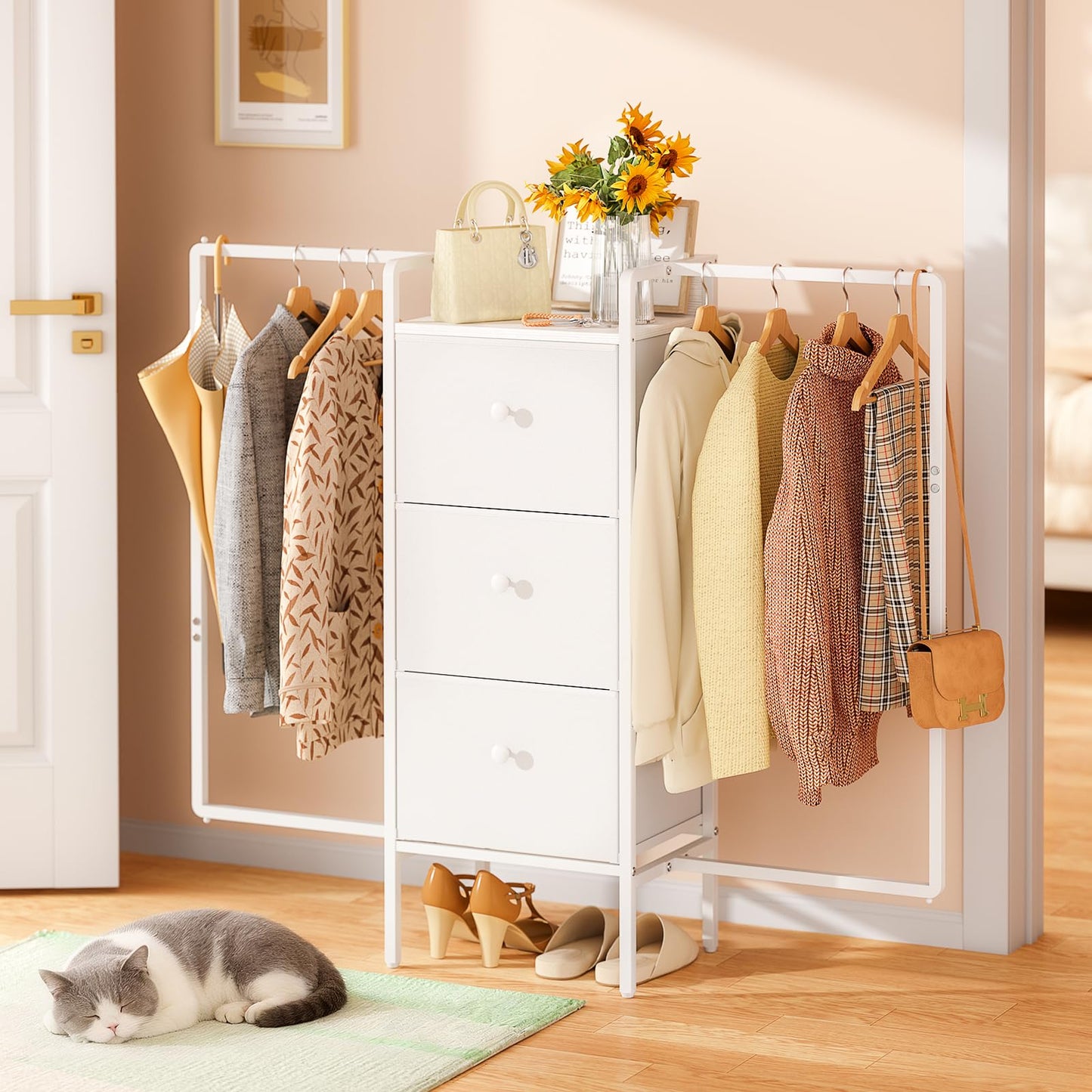 3IngSeagulls Kids Dressers for Bedroom with 2 Hanging Racks, Small Dresser for Bedroom with 3 Drawers, 53'H Faric Chest of Drawers with Clothes Rack, Small White Dresser for Kids with Wooden Top