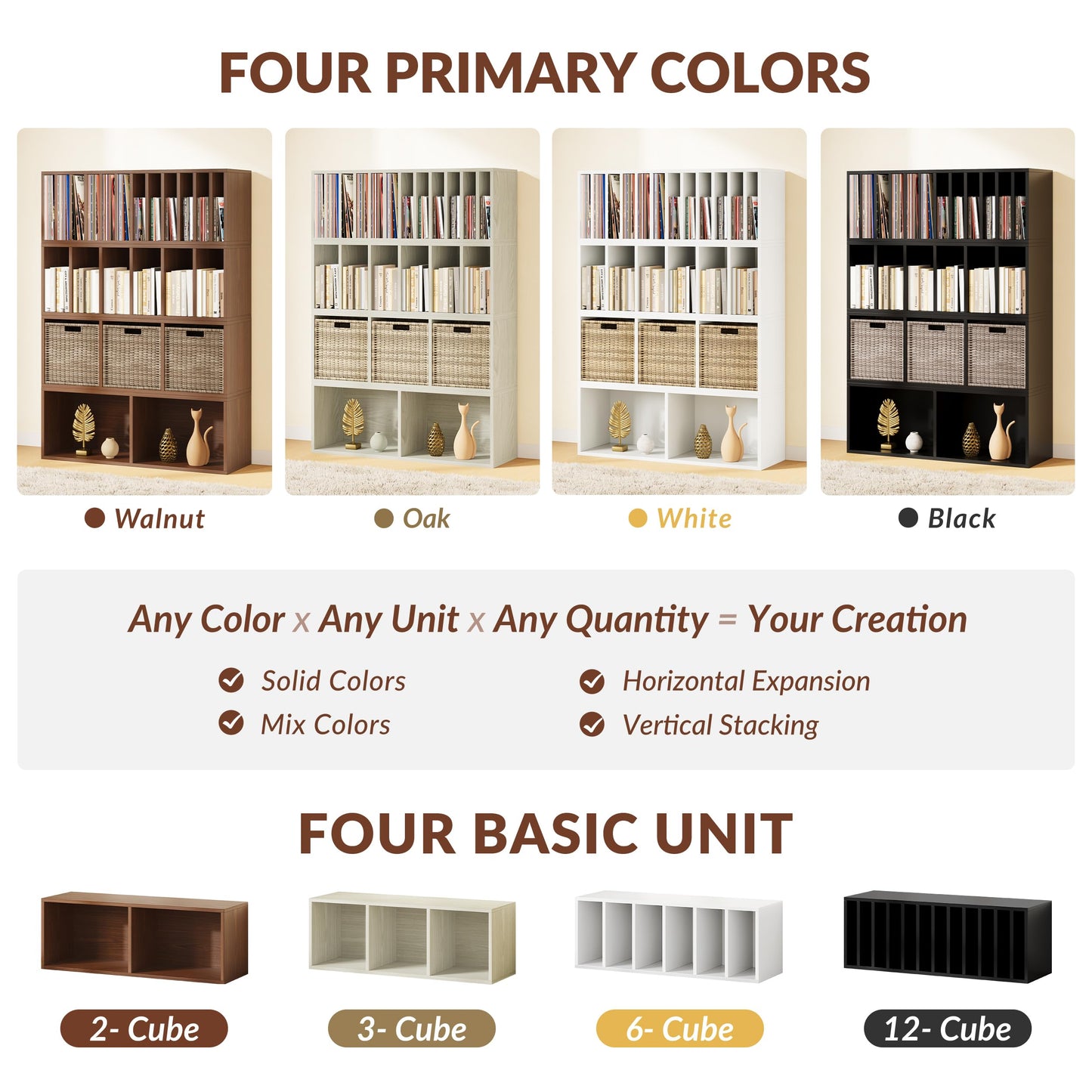 IOTXY DIY Modular Cube Bookcase - CubeXY Customizable Stackable Expandable Basic Shelving Units, 3-Cube Wooden Open Bookshelf for Fabric Storage Bin Organizer, Walnut