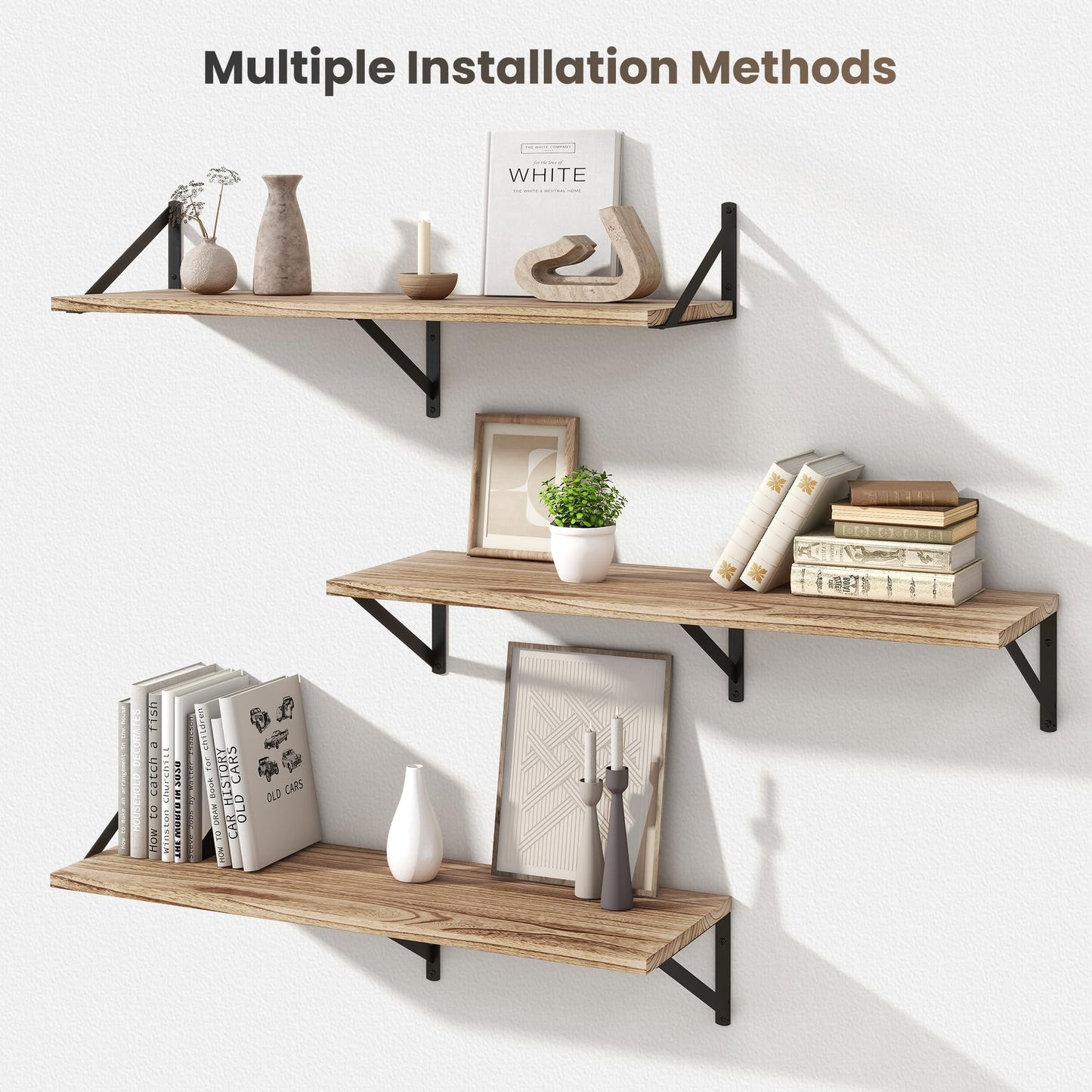 Marsmiles Deep Floating Shelves | 36 Inch Light Wood Wall Shelves Set of 2 | 12 Inch Deep Floating Shelves for Wall | 36''W x 12''D Rustic Light Wooden Shelves for Bathroom Living Room Bedroom Kitchen