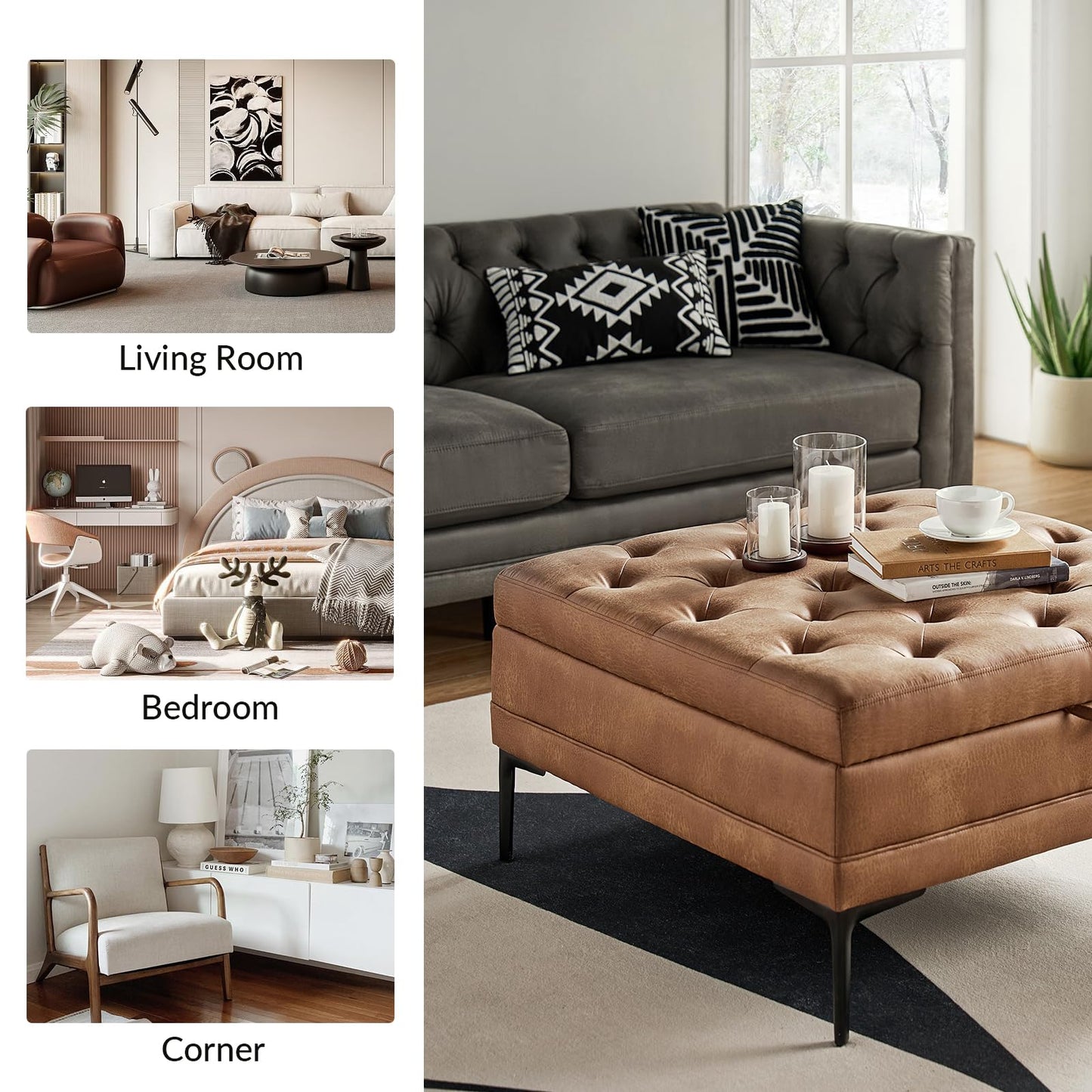 HULALA HOME Faux Leather Coffee Table, 36.5" Square Storage Ottoman with Metal Legs, Button-Tufted Coffee Table with Storage for Living Room, Camel