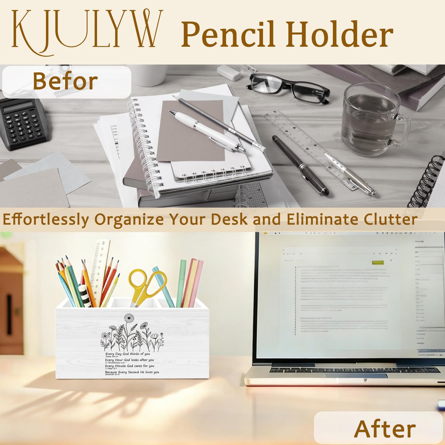 KJULYW Christian Wildflower Pen Holder for Desk, Christian Gifts for Women Faith, Inspirational Bible Verse Wooden Box Pencil Pen Holder Organizer for Home Office Desk Accessories