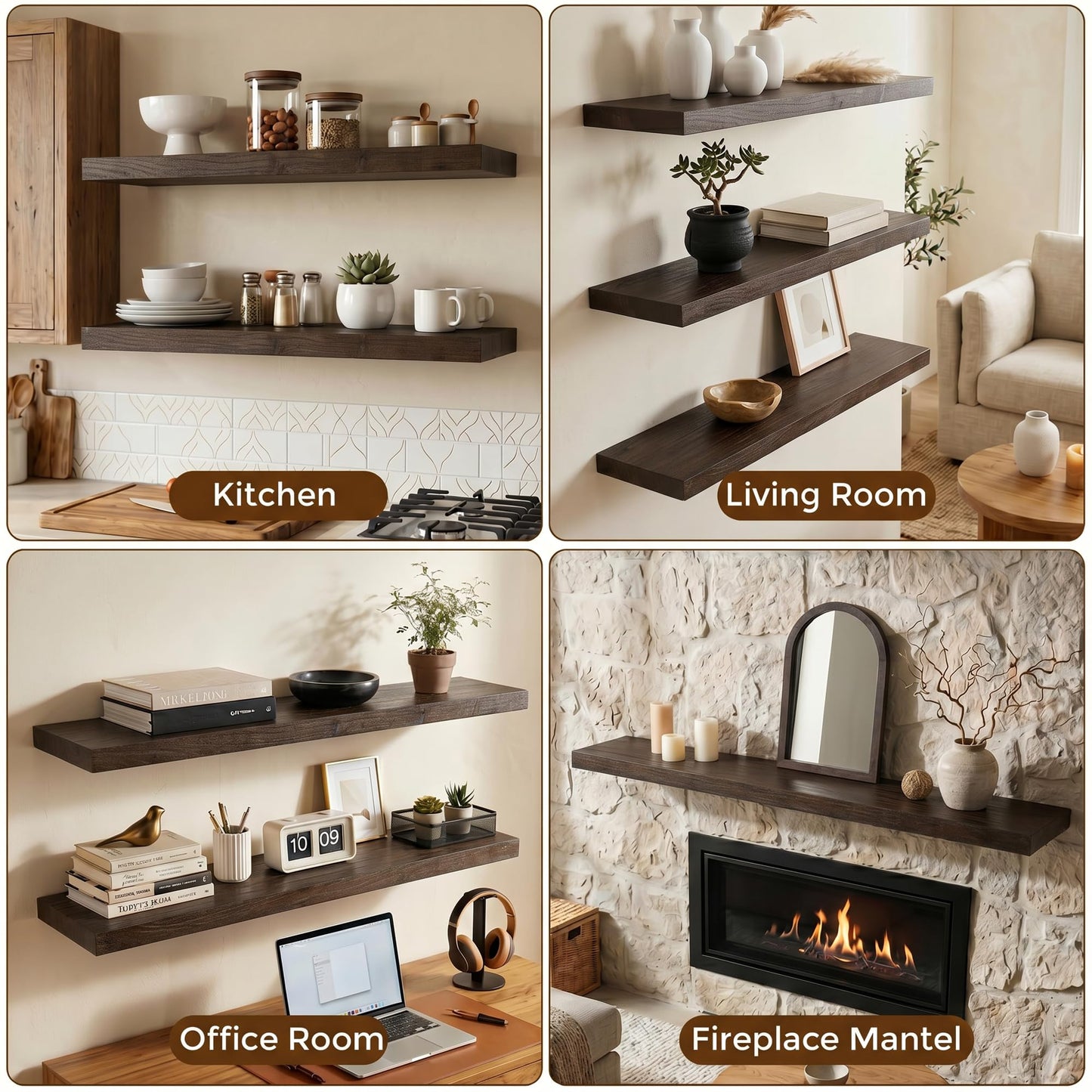 Dreamland Rustic Elm Woood Floating Shelves for Wall Decor, 30" W x 8" D x 1.5" H Floating Shelves Set of 2, Wall Mounted Deep Wooden Shelf for Living Room, Bedroom, Kitchen, Bathroom, Walnut