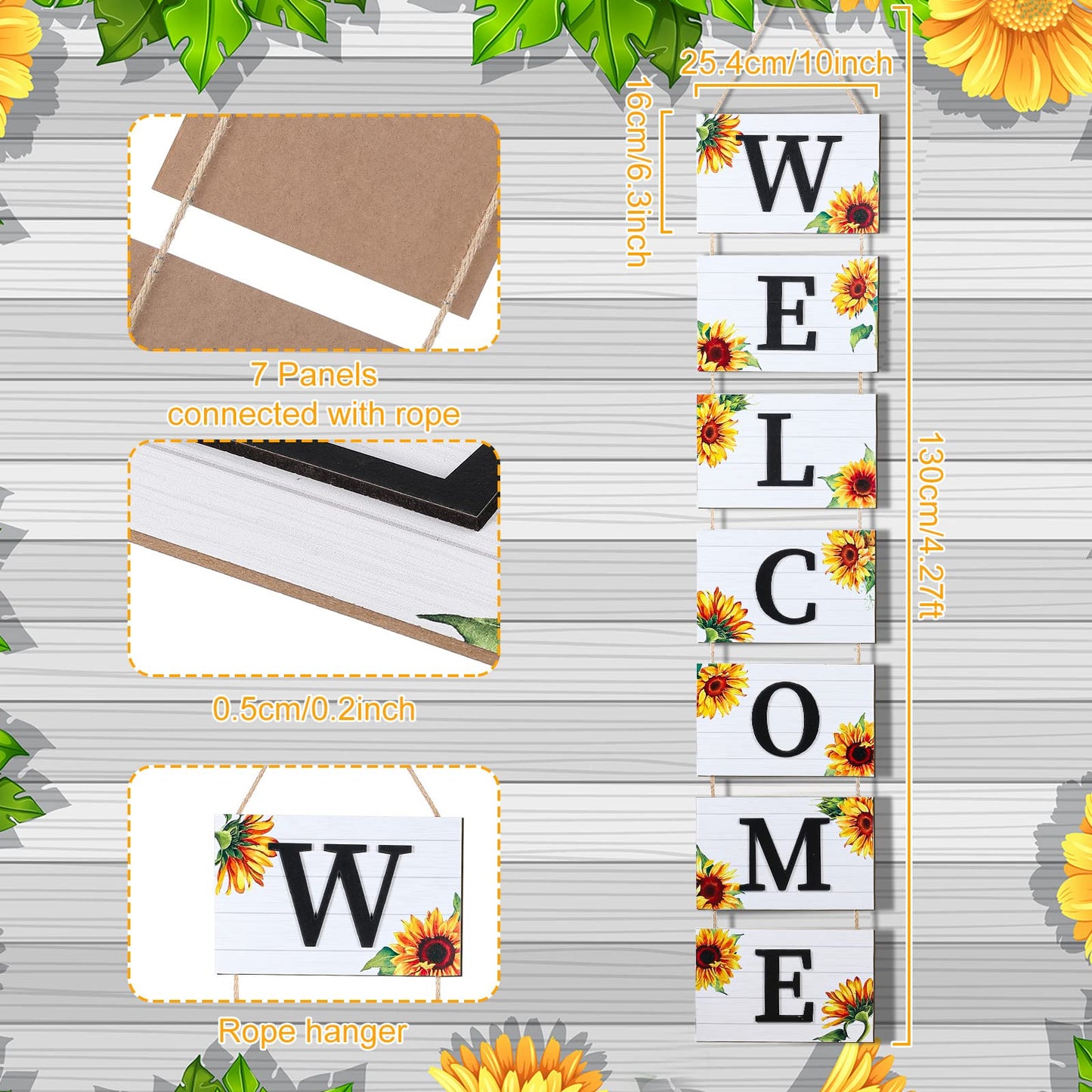 Threan 59 Inch Sunflower Welcome Signs Wooden Porch 3D Welcome Hanging Wall Rustic Wooden Signs with 7 Sunflower Panels Farmhouse Front Porch Summer Outdoor Decor Home Kitchen Garden