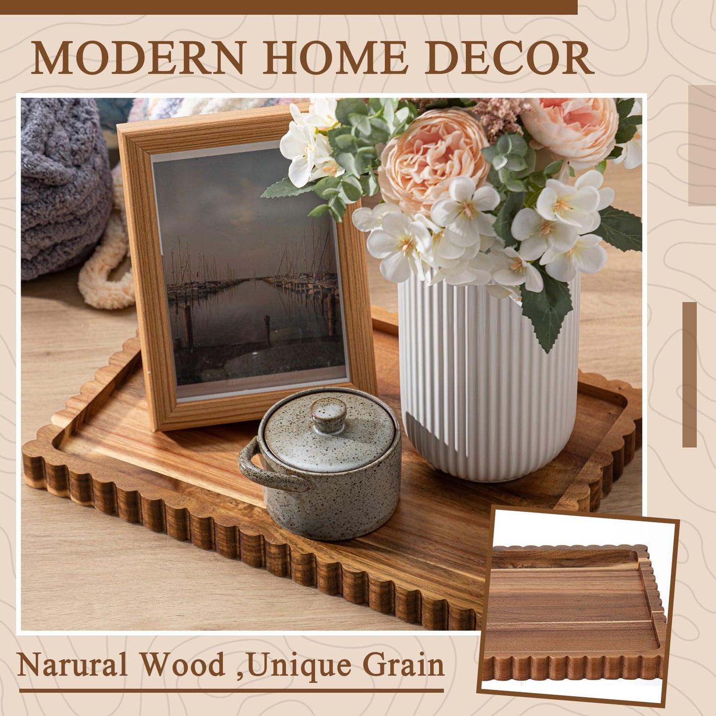 Lounsweer Acacia Wood Decorative Tray for Home Decor, 14'' x 10'' Wooden Serving Tray for Coffee Table Centerpiece Dining Kitchen Island Decoration Bathroom Counter Display