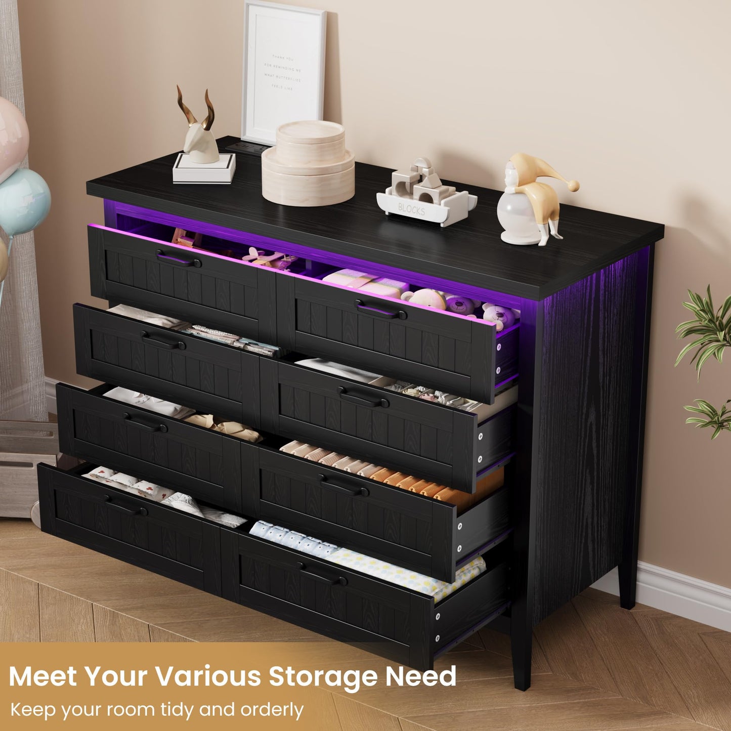 IDEALHOUSE 8 Drawer Dresser with Charging Station & LED Lights