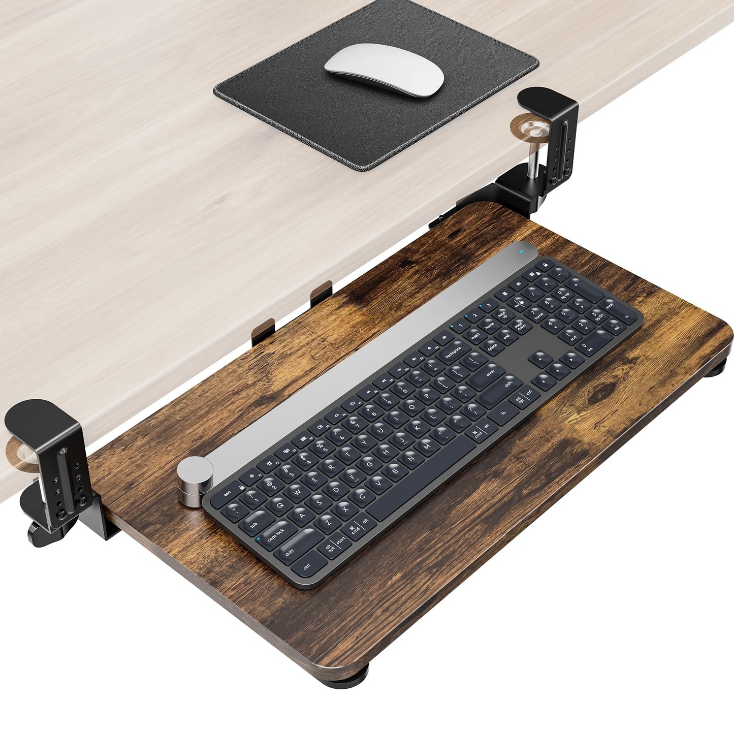 Zontera Ergonomic Mouse & Keyboard Tray Under Desk, Pull Out with Adjustable C-clamp, 20 (25.9 Including Clamps) x 11.8 Inch Slide Out Computer Keyboard Drawer Mouse Tray for Typing, Rustic Brown