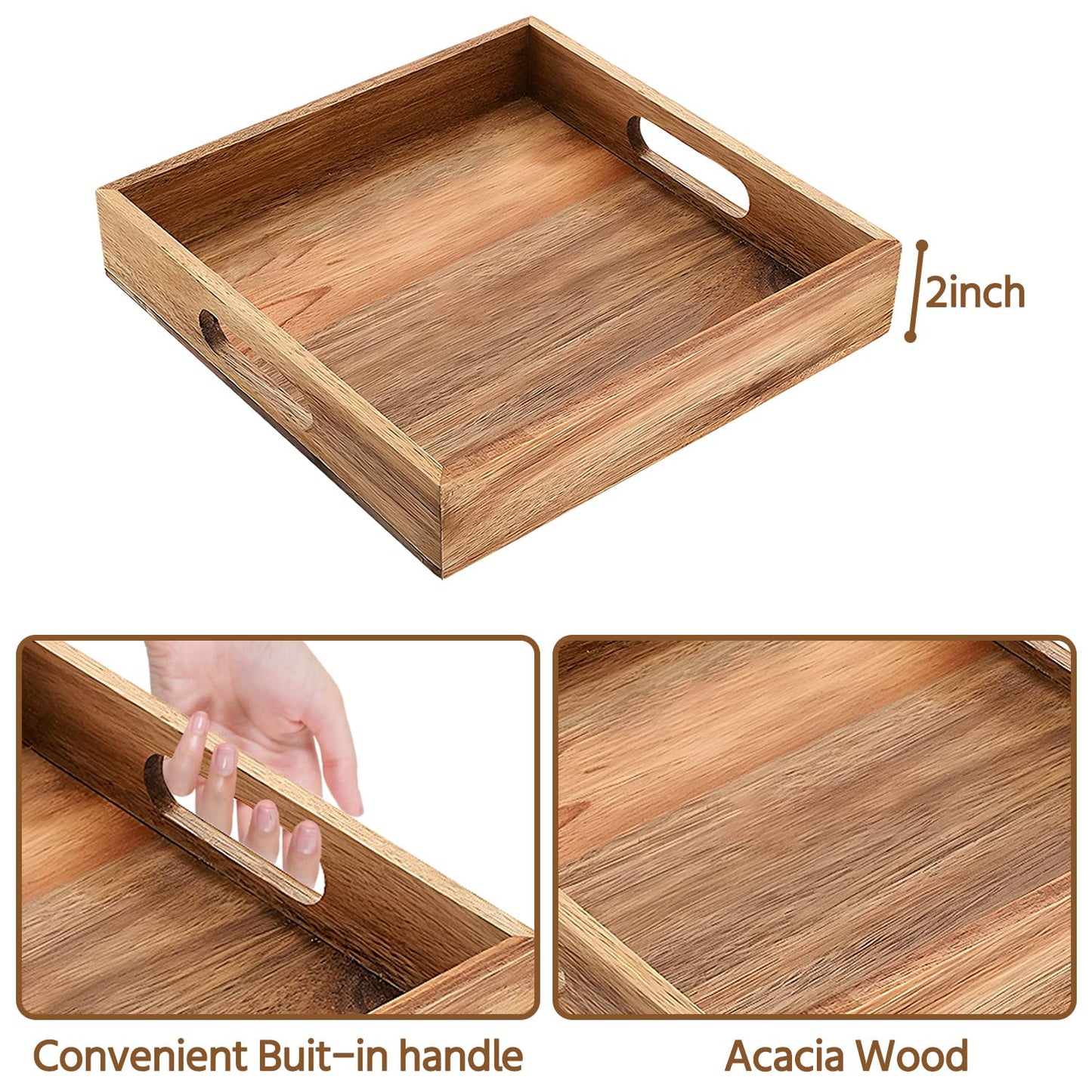 Large Acacia Wood Serving Tray, 17 Inch Square Ottoman Tray with Handles, Big Wood Platter for Living Room, Oversized Wooden Trays for Ottoman Decorative Food Coffee Table Party Bed Dinner Topper