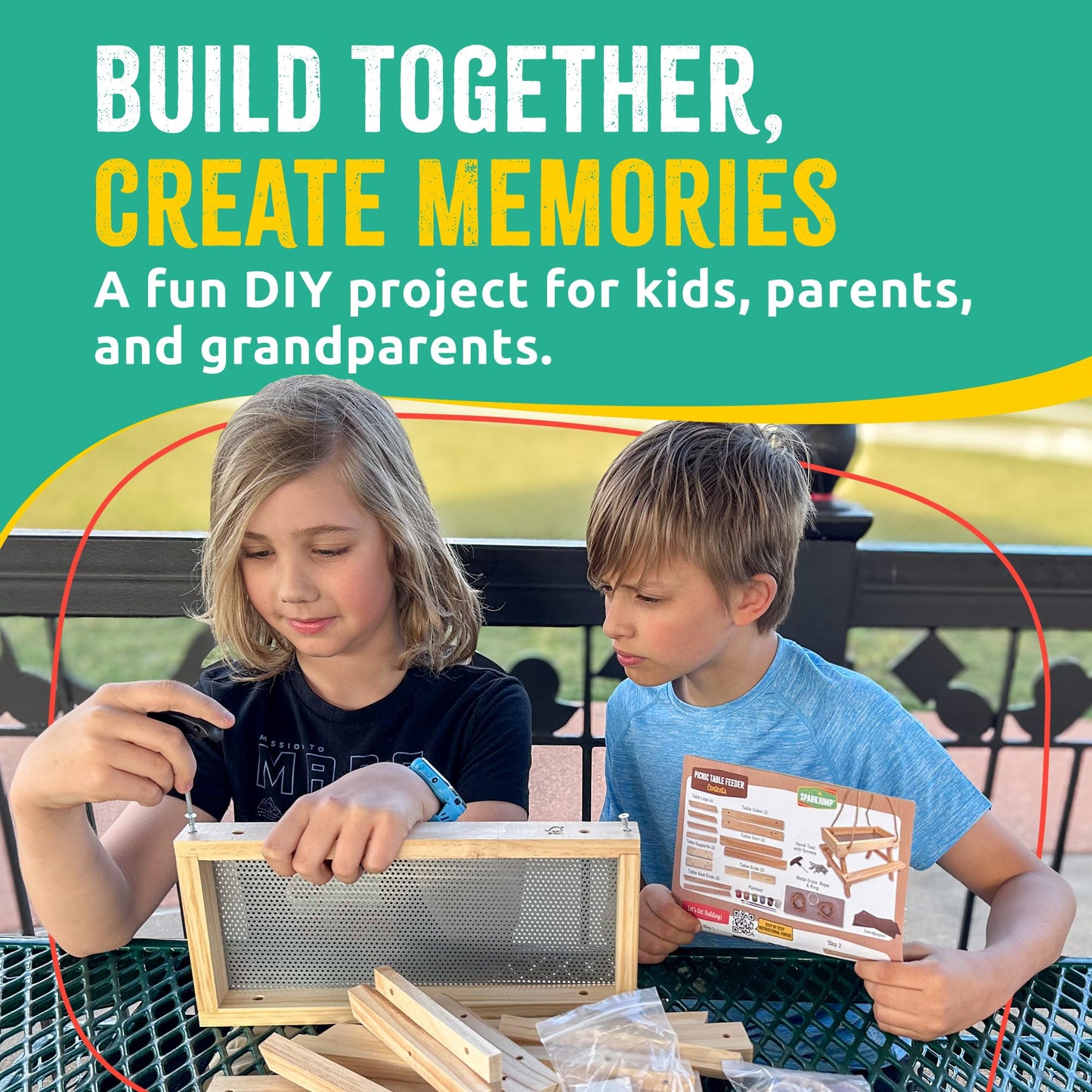 SparkJump Picnic Table Bird Feeder Kit, DIY Woodworking Project for Kids and Families, Complete Tools and Paint Set, FSC-Certified Sustainable Wood, Backyard Nature Activity, Ages 6+