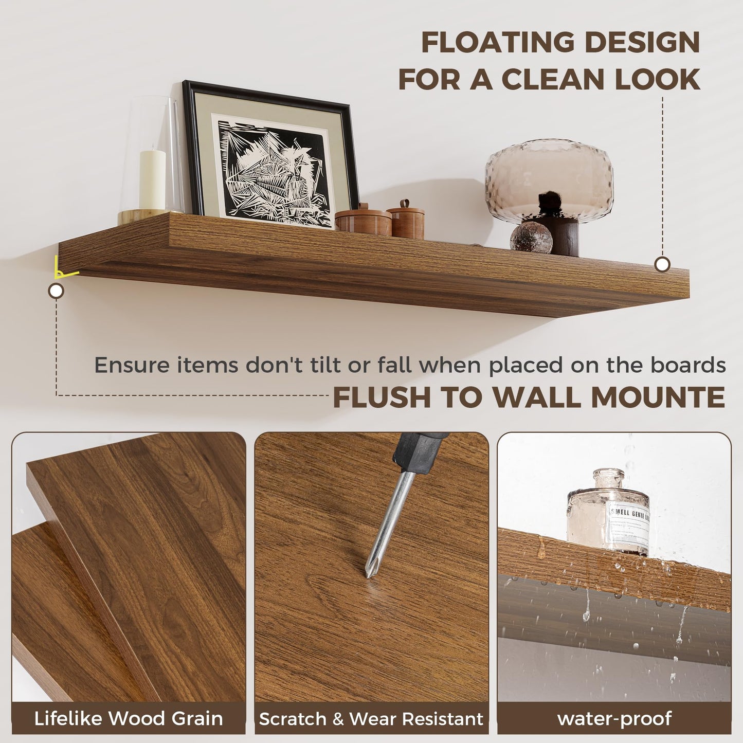 Fun Memories 24 x 12 Inch Deep Floating Shelves, 12 Inch Deep Rustic Wooden Book Shelf, Extra Deeper & Thicker Hanging Shelves for Living Room, Bathroom, Bedroom, Kitchen, Office, Set of 3(Walnut)