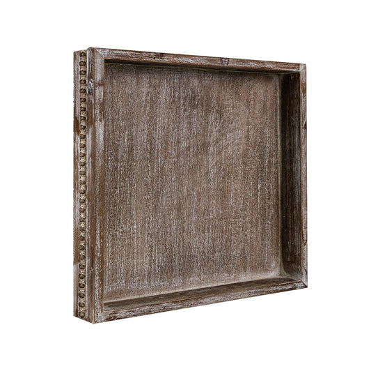 MAONAME Wood Serving Tray, Farmhouse Wooden Tray for Coffee Table, Rustic Square Trays with Beads, Vintage Brown Decorative Trays for Living Room, Kitchen, 12" X 12" X 1.6"