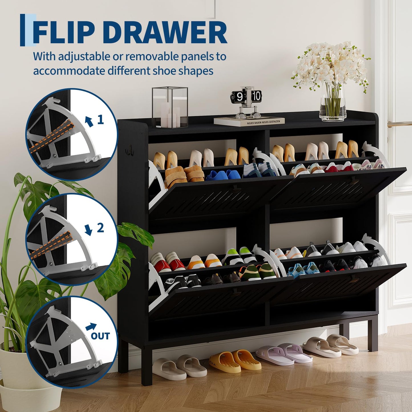 4-Door Flip Front Shoe Cabinet with Adjustable Shelves – Hidden Entryway Storage Organizer for Hallway, Foyer, Living Room – Freestanding Wooden Shoe Rack with Large Capacity & Modern Design, Black