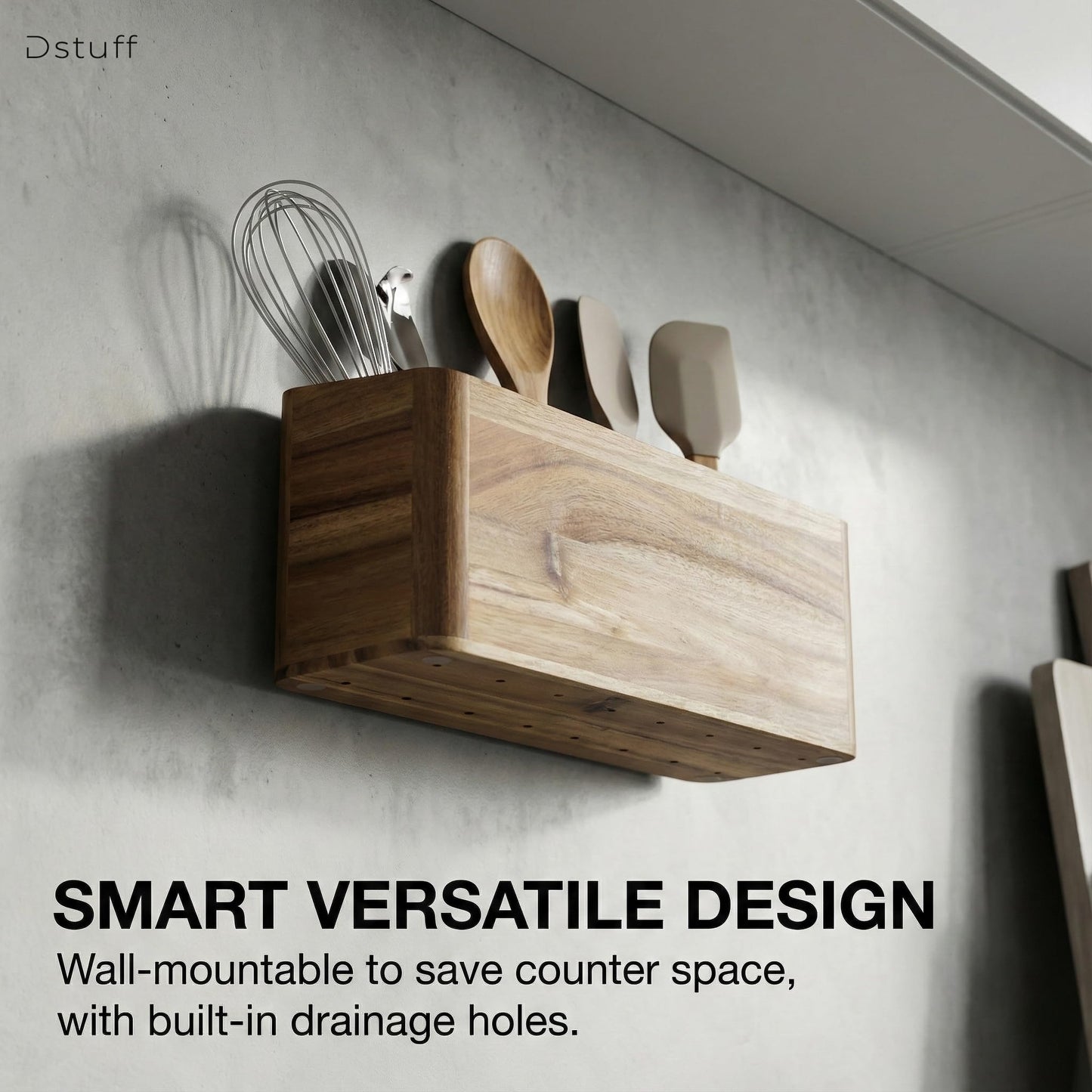 Dstuff Large Kitchen Utensil Holder Organizer for Counter or Countertop, Wooden Storage Container for Cooking and Silverware, Acacia Rustic Wood (4 Compartments)