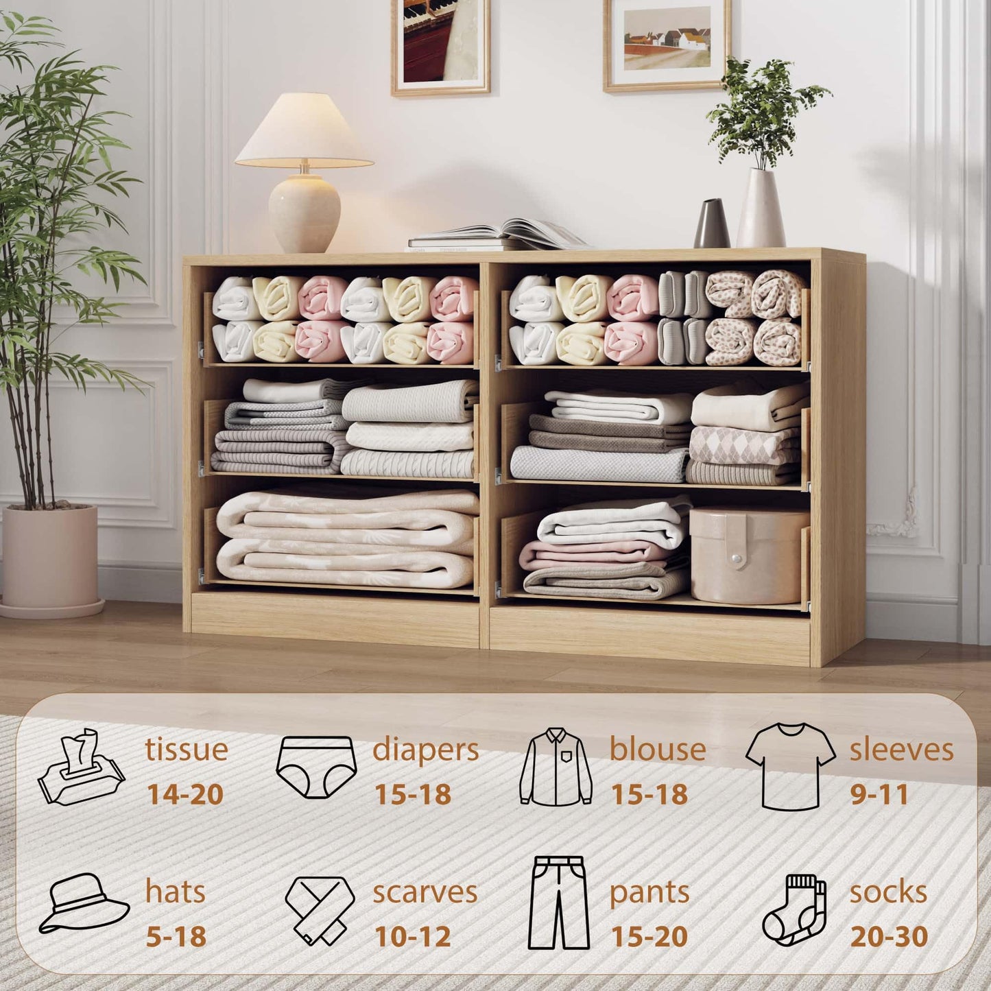 Garvee 6 Dresser for Bedroom, 46.7" Wide Dresser, Freestanding Horizontal Drawer with Storage, Wooden Closet Chest Storage for Living Room, Hallway, Entryway, Natural Oak