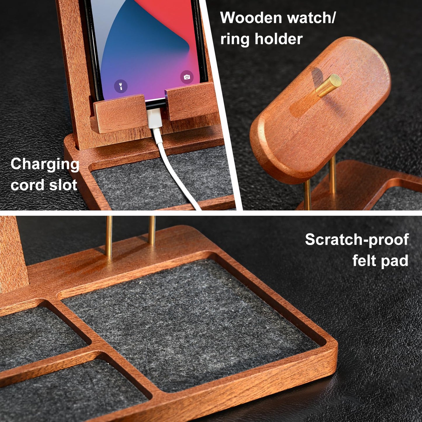 IKIKAKI Wood Nightstand Organizer for Men, Fathers Day Gift for Dad Husband, Birthday Anniversary Retirement Idea, Desk & Bedside EDC Tray for Key Wallet Watch