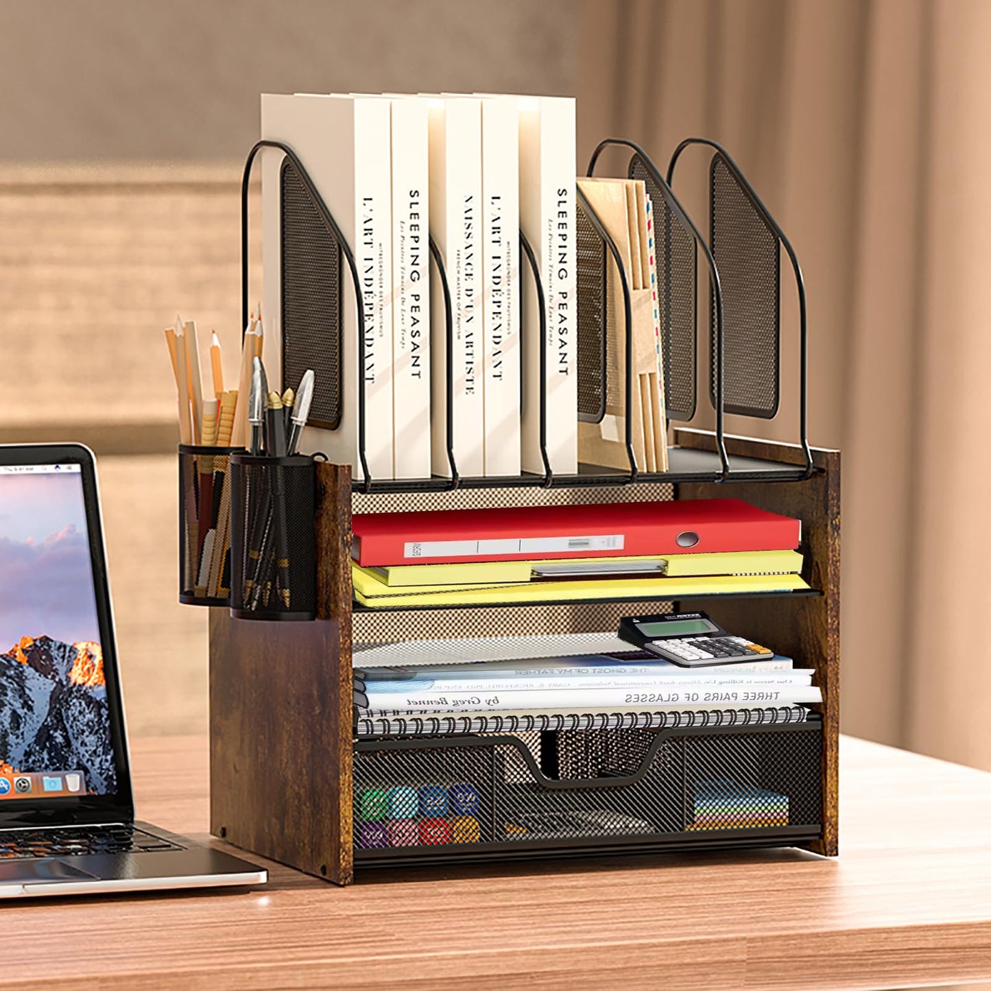 Boershun Wood Desk Organizer - 4-Tier Desktop File Organizer with Drawer, Wooden Paper Tray, Vertical File Holders & 2 Pencil Holders - Office Desk Organizer for Papers, Mail, Notebooks, Stationery