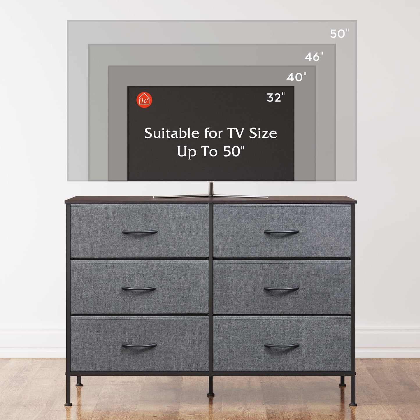 WLIVE Dresser for Bedroom with 6 Drawers, Wide Dresser TV Stand for 50 Inches TV, Grey Dresser with Metal Frame, Wooden Top, Fabric Dressers for Bedroom, Living Room, Hallway, Dark Grey