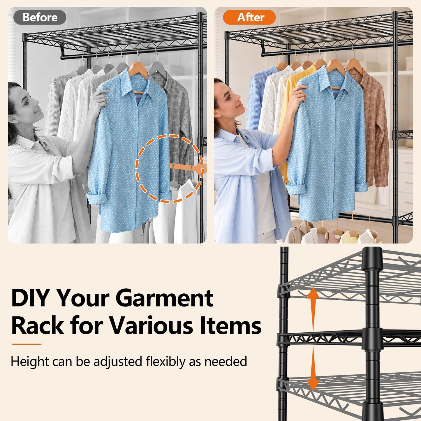 UEAKPIC Heavy Duty Clothes Rack, Portable Clothing Garment Rack for Hanging Clothes, Adjustable Storage Closet with Wire Shelves and Hanging Rods, Freestanding Closet Organizer, Max Load 700Lbs, Black