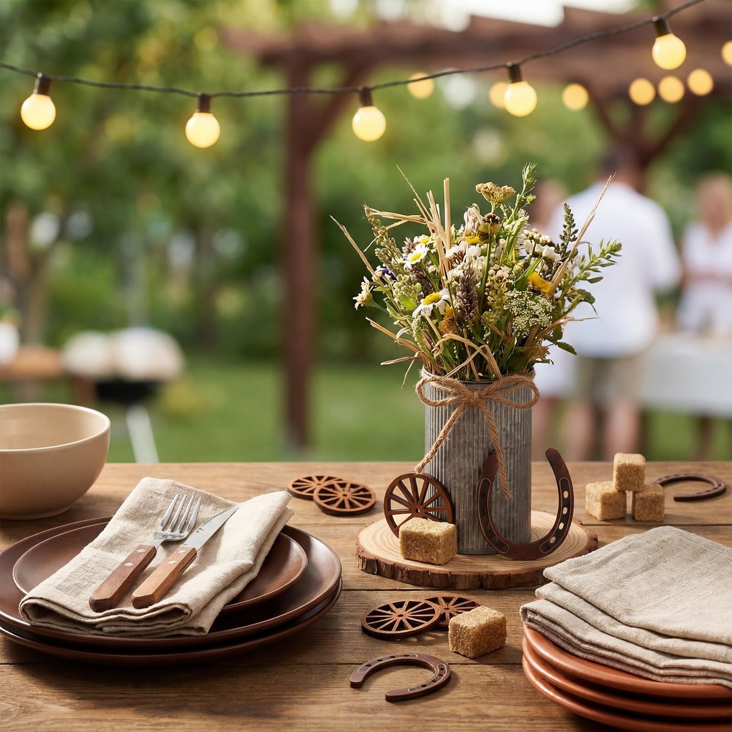 Fiwochic 80 Pcs Western Party Decorations Mini Horseshoe Wagon Wheel Hay Bales Crafts Wooden Plate Farmhouse Vase Table Centerpieces Supplies for Western Birthday Wedding Party Favors Decor (Silver)