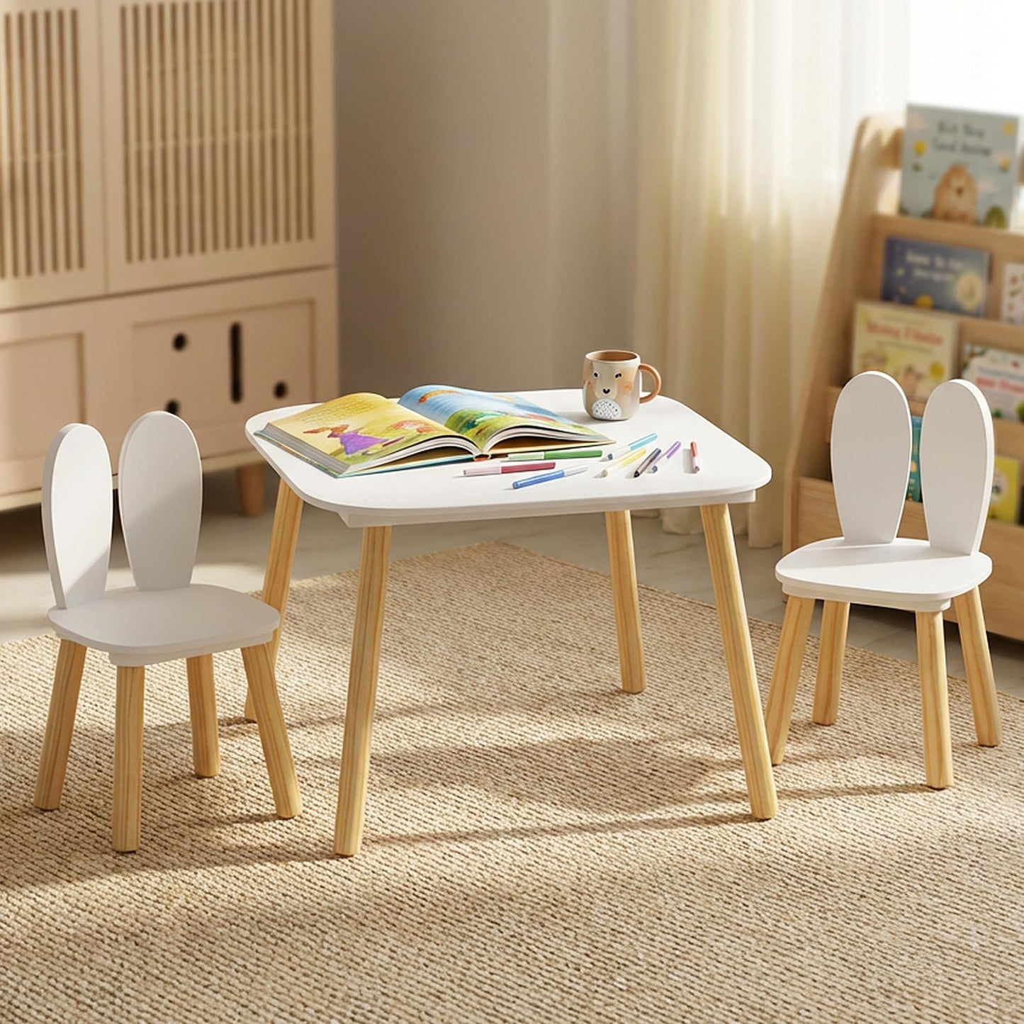 BRITEMART Kids Table and 2 Chairs, Wooden Stable Table and Chair Set (Rabbit), Ideal for Arts & Crafts, Snack Time, Homeschooling, Homework & More