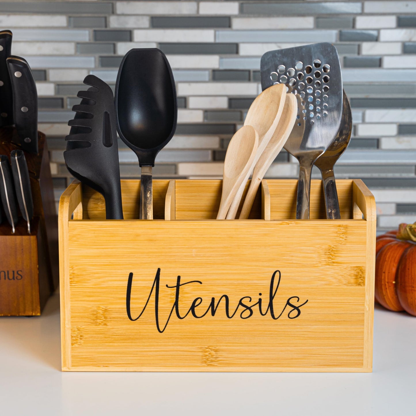 Bamboo Kitchen Utensil Holder for Countertop – Large 3-Compartment Cooking Utensil Organizer & Caddy with Drain Holes, Farmhouse Bamboo Holder for Kitchen Counter, Wood Storage for Spatulas & Spoons