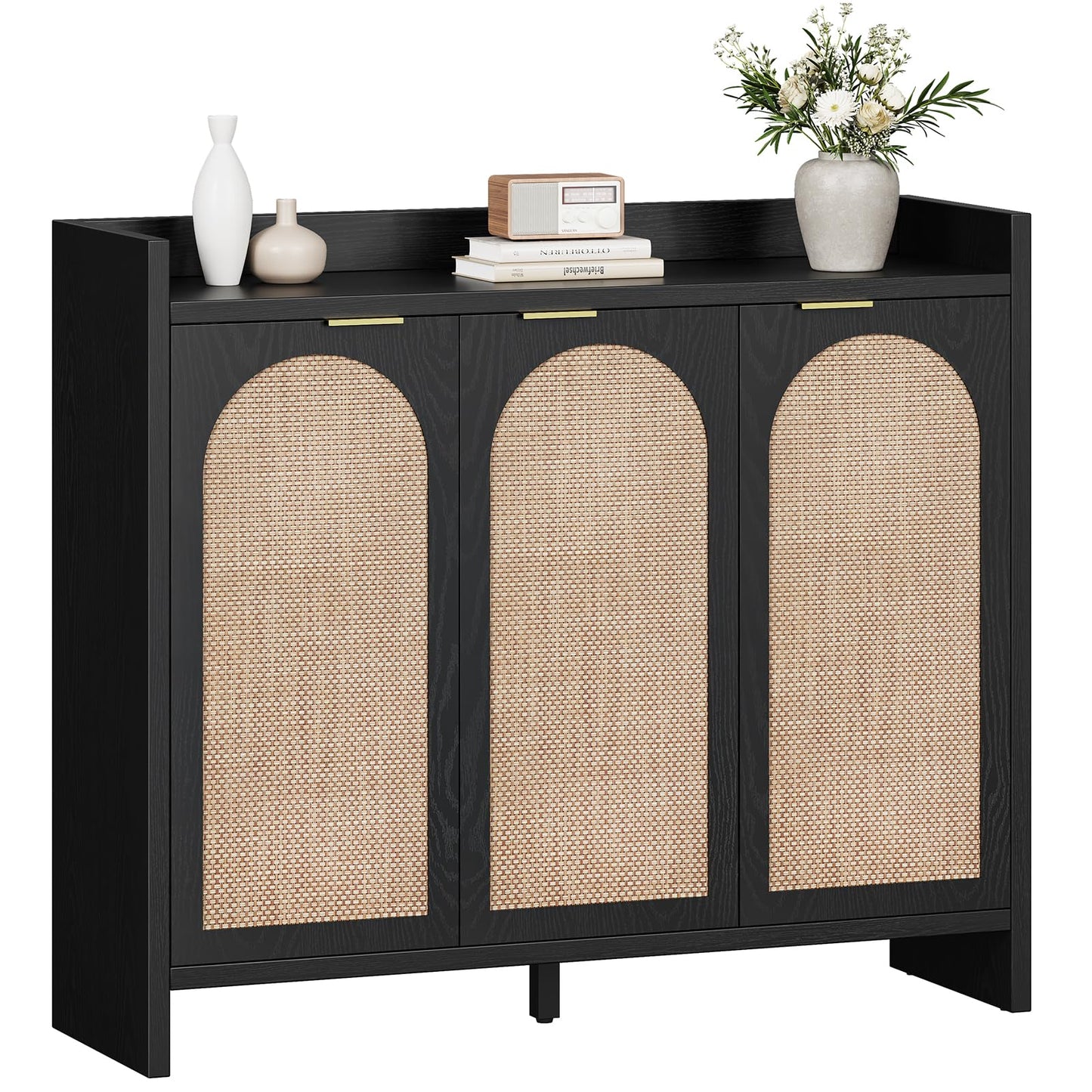 Curlaky Rattan Shoe Storage Cabinet, Wooden Shoe Rack Organizer Cabinet with Adjustable Shelves and 3 Doors, Shoe Storage Cabinet for Entryway Living Room Closet